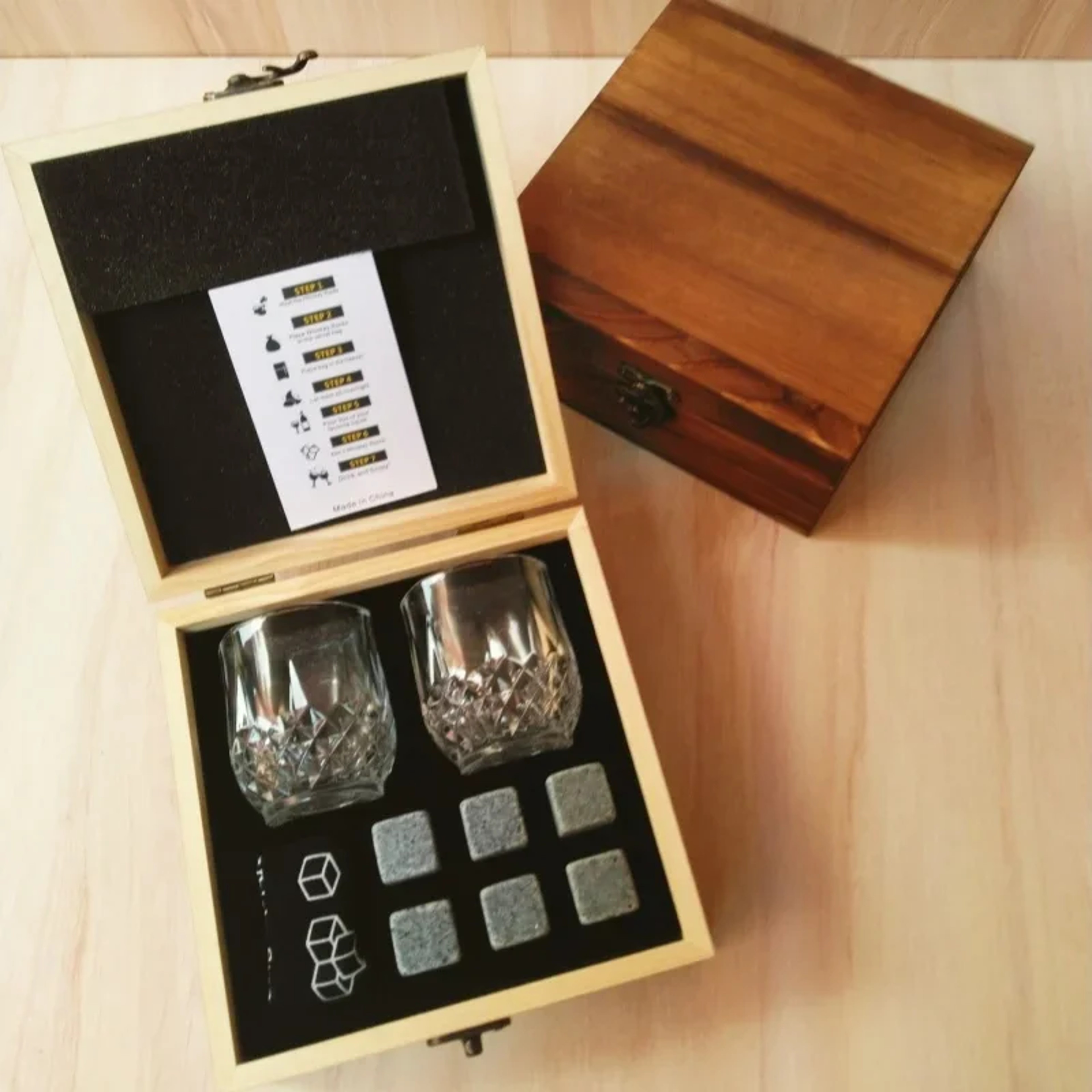 Whiskey Stones Glasses Set For Men Fathers Day Gift Granite Ice Block In Wooden Bottle Box For Dad  1