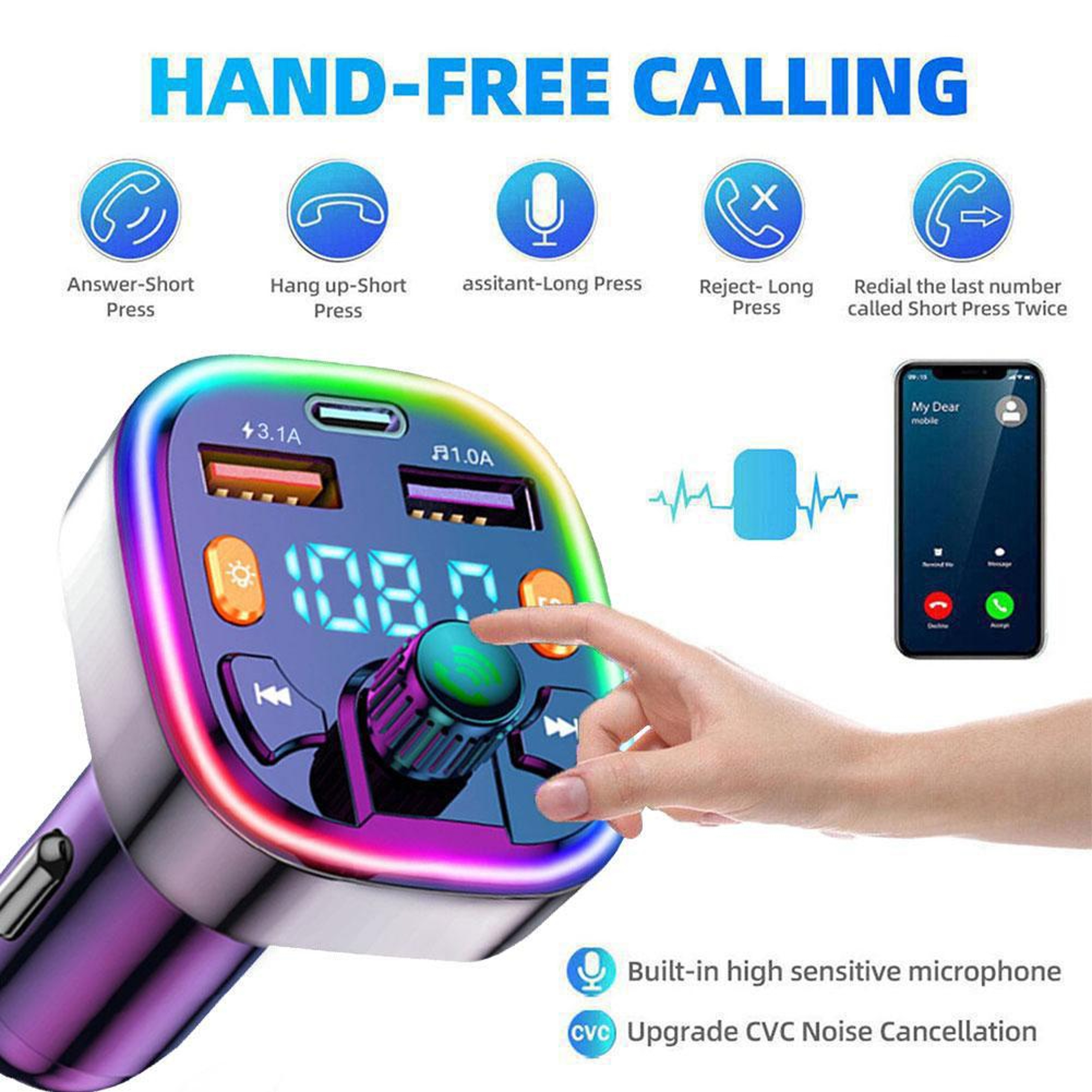 Car Bluetooth FM Transmitter With PD TypeC Dual USB Ambient Light Handsfree Modulator Player  Charg 1