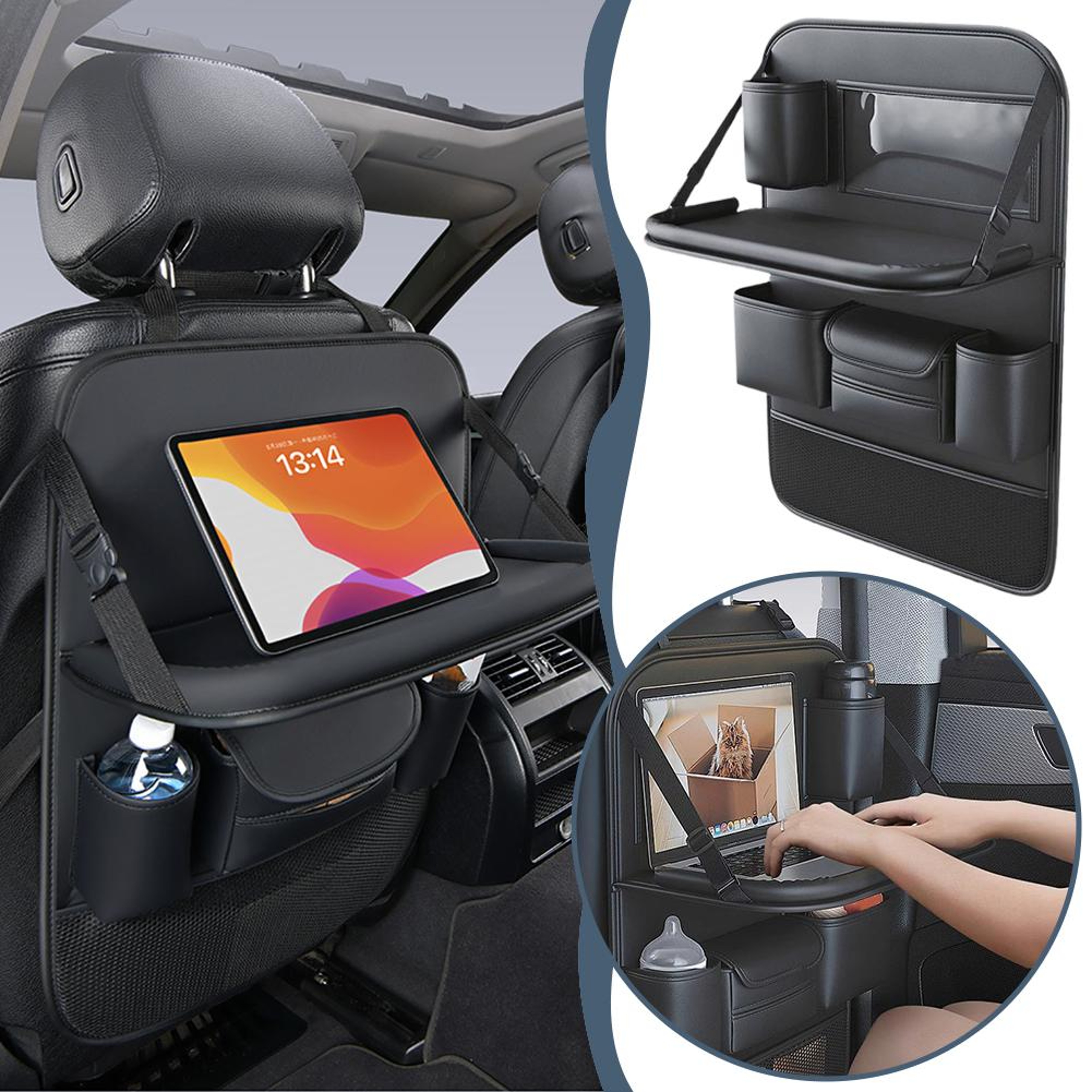 Car Seat Back Organizer With Foldable Table  PU Leather Spacious Storage Bag With Multiple Pockets  0