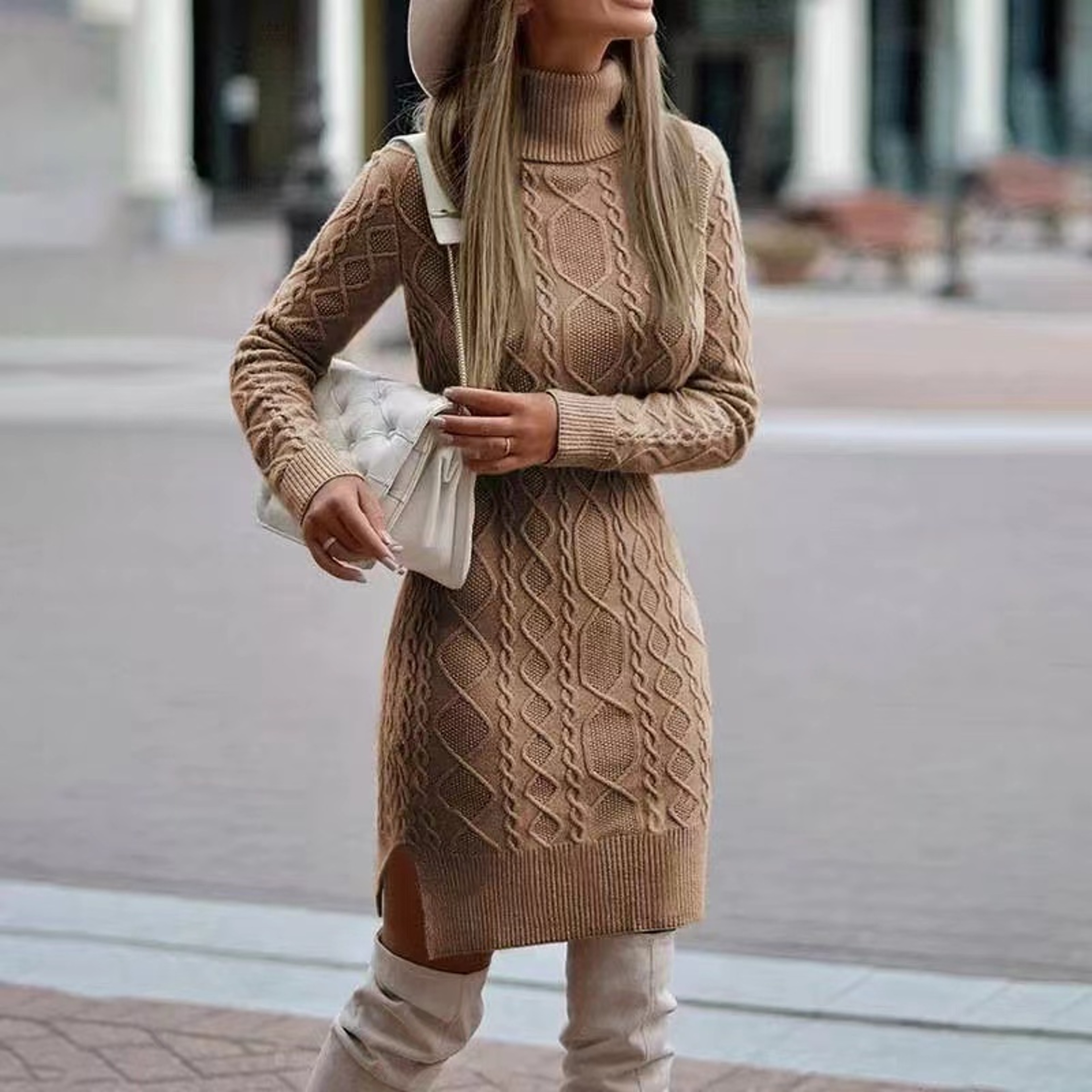 Elegant Winter Knit Sweater Dress With Wrap Hip Skirt And High Neck 1