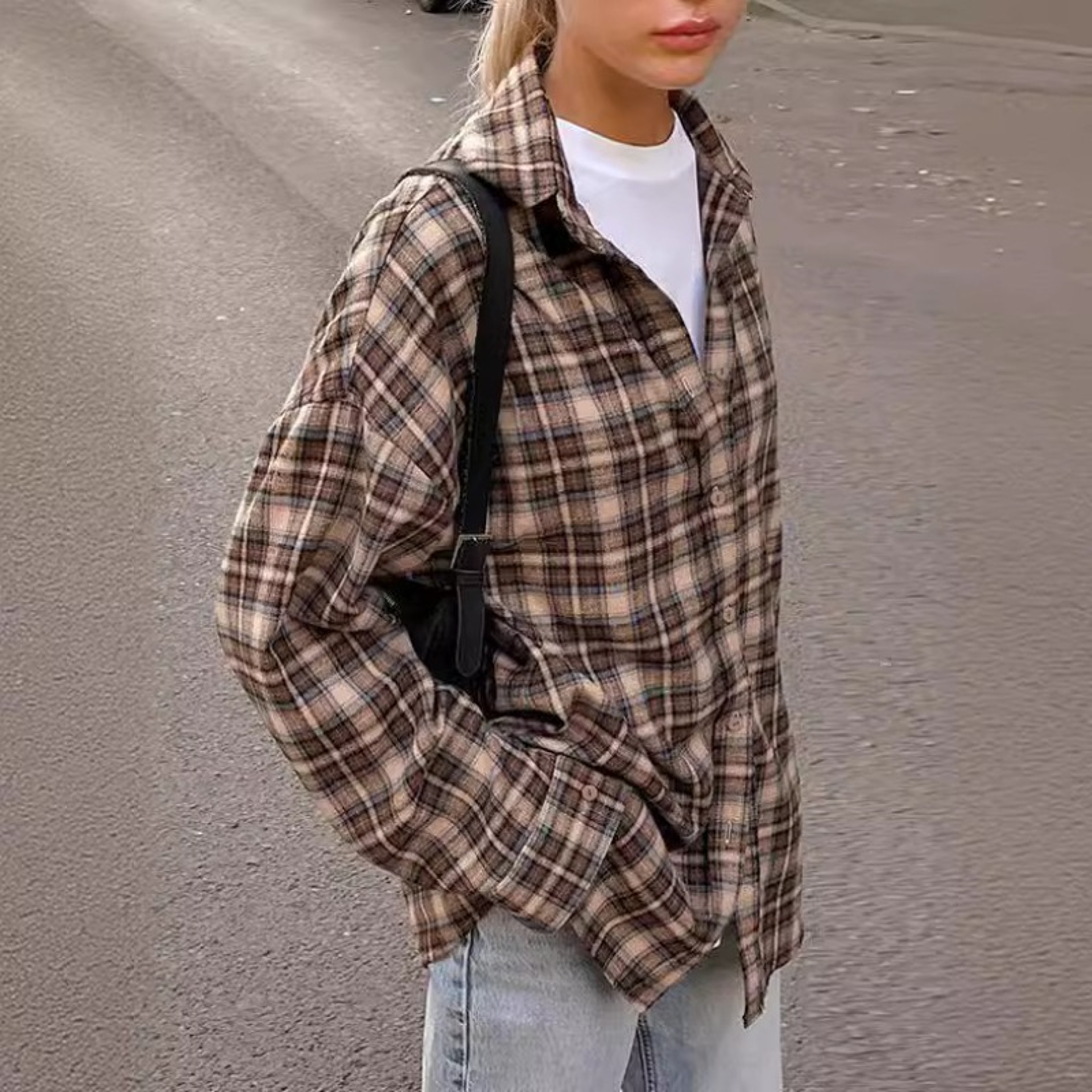 Cozy Casual Plaid Shirt For Women  Loose Winter Lapel Button Coat Vintage Khaki Full Sleeve Streetw 2