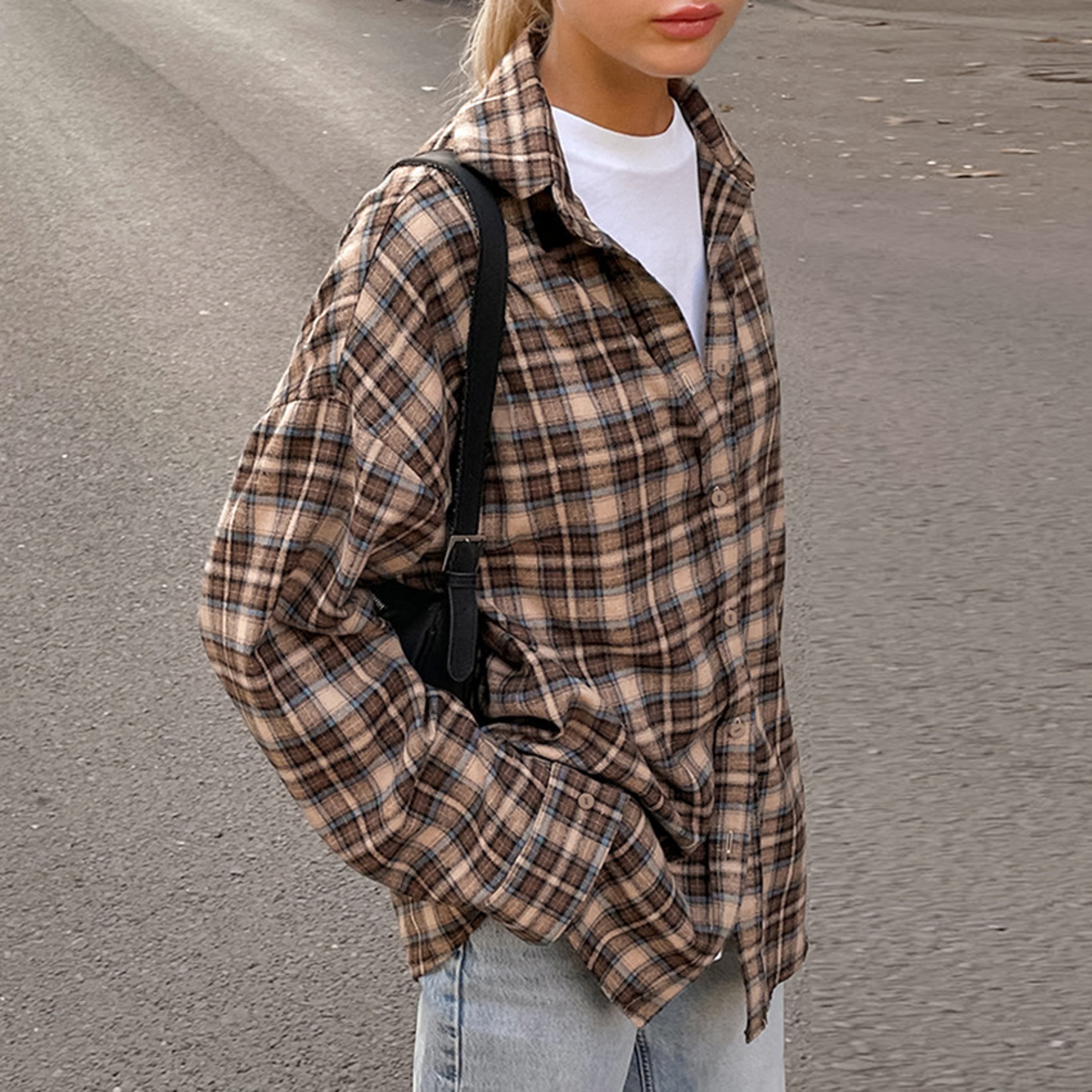 Cozy Casual Plaid Shirt For Women  Loose Winter Lapel Button Coat Vintage Khaki Full Sleeve Streetw 4