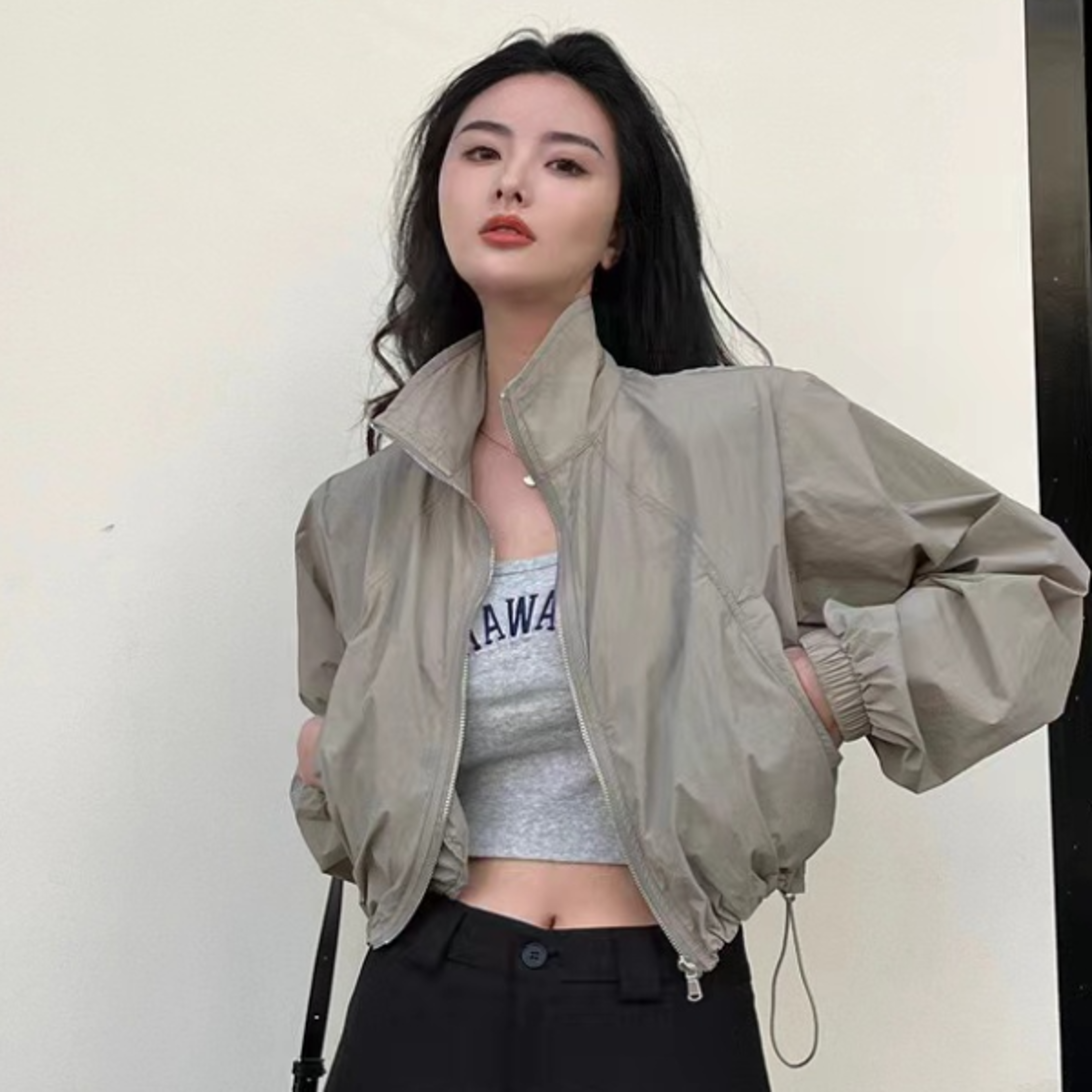2024 Autumn Vintage Womens Windbreaker Cropped Jackets Harajuku Oversized Streetwear Long Sleeve F