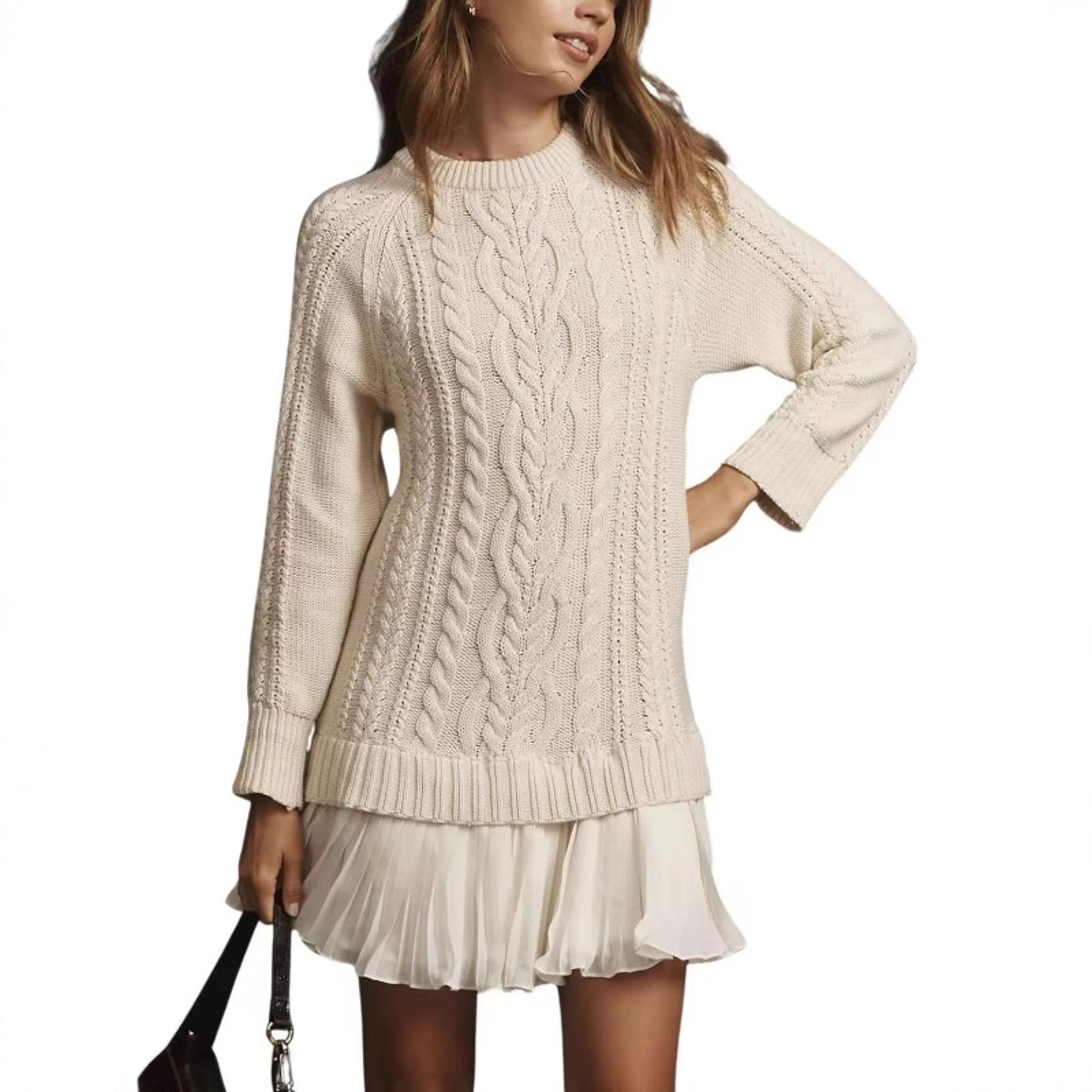 Long Sleeve Twist Knitted Sweater Dress Ruffle Chiffon Pleated ALine Fall Dress For Women  Warm Pul 0