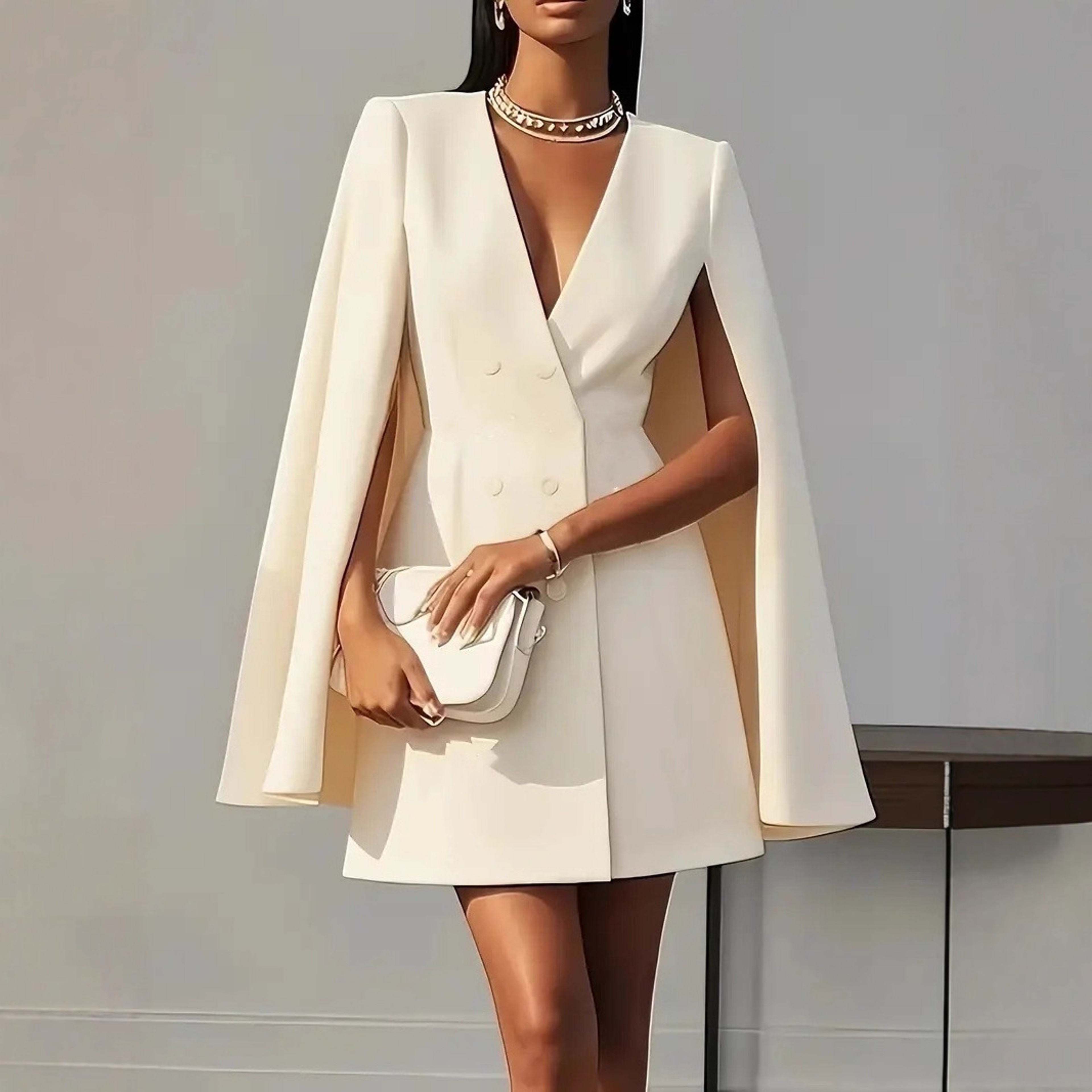 Elegant Vneck Shawl Cape Sleeve Blazer Dress  Double Breasted Office  Party Dress 0