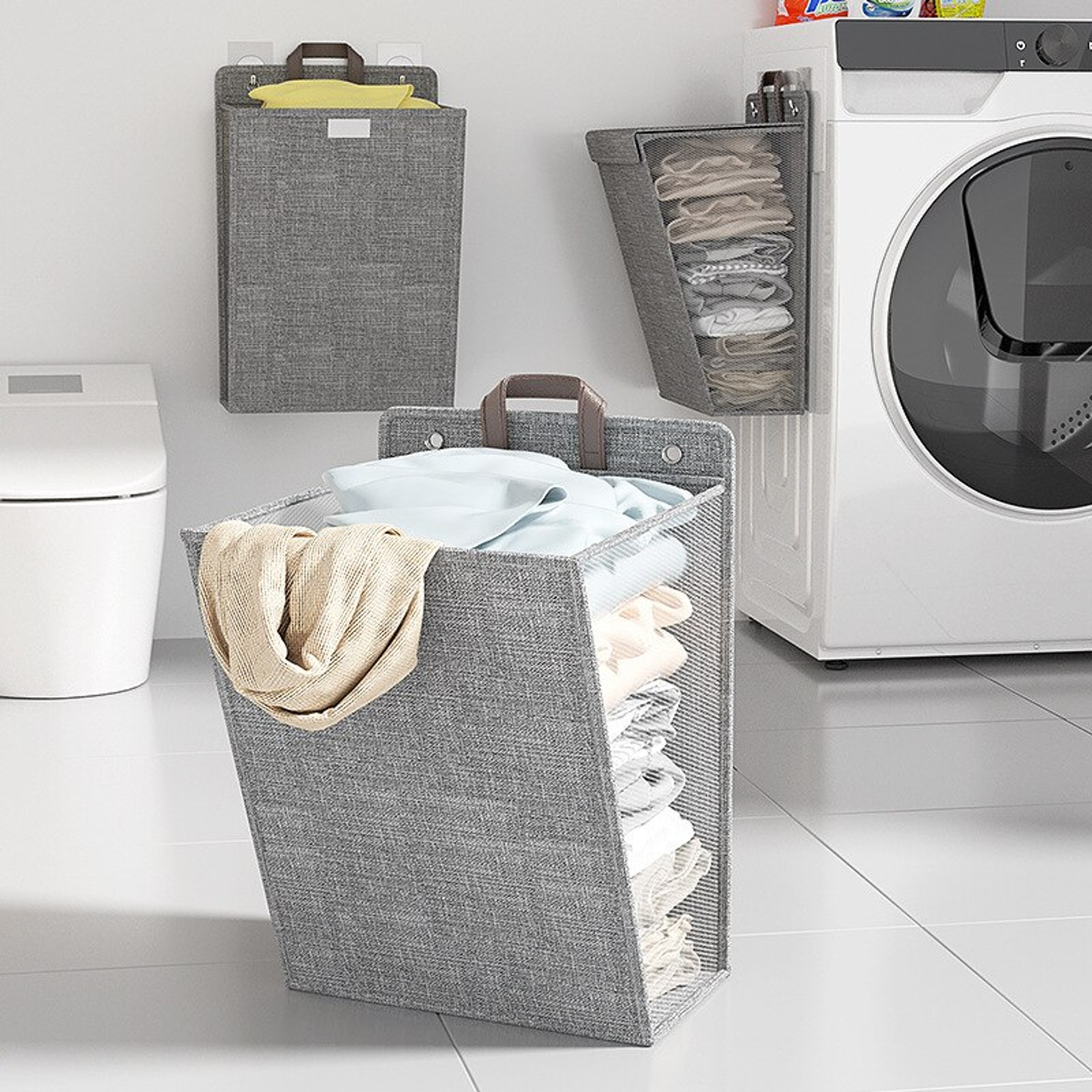 Foldable Adhesive Laundry Basket Hamper  Multifunctional PunchFree Wall Hanging Mesh Hook Organizer 1