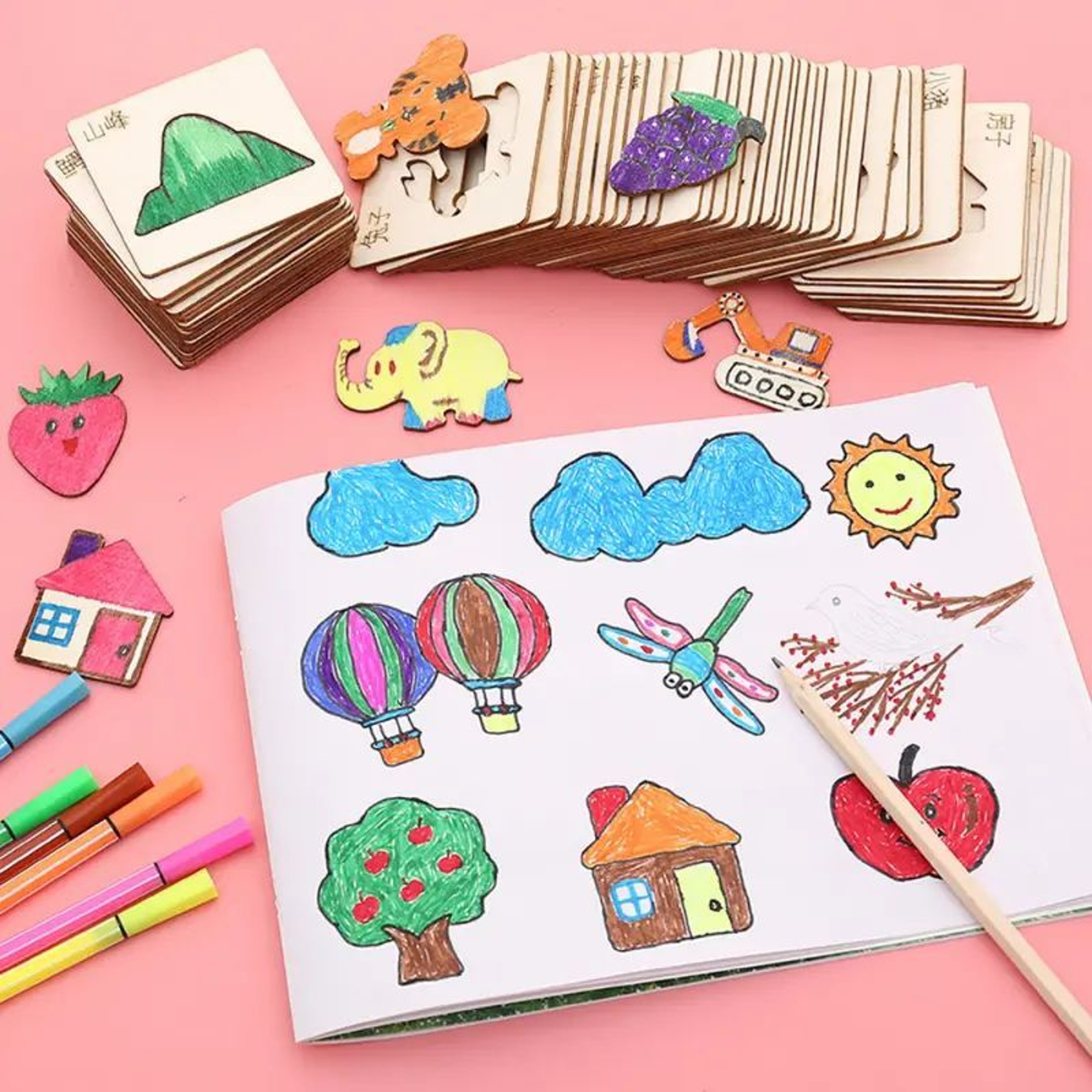 Wooden DIY Drawing Template Set With Markers  Creative Drawing Tool Set For Kids 3