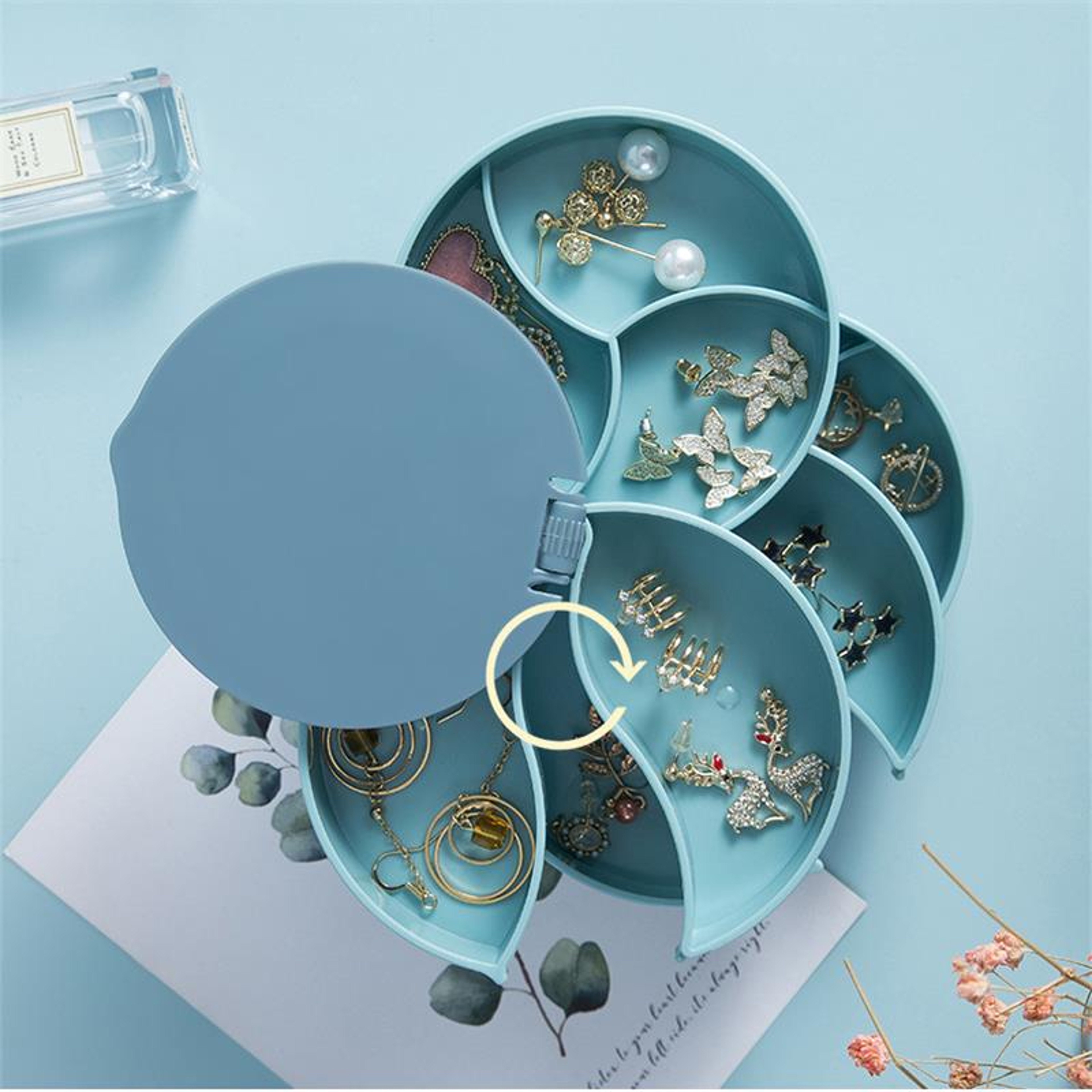 Rotating Jewelry Stand Display Tray – Multilayer Plastic Storage Box for Earrings, Rings & Cosmetics – Blue/Pink – view 2
