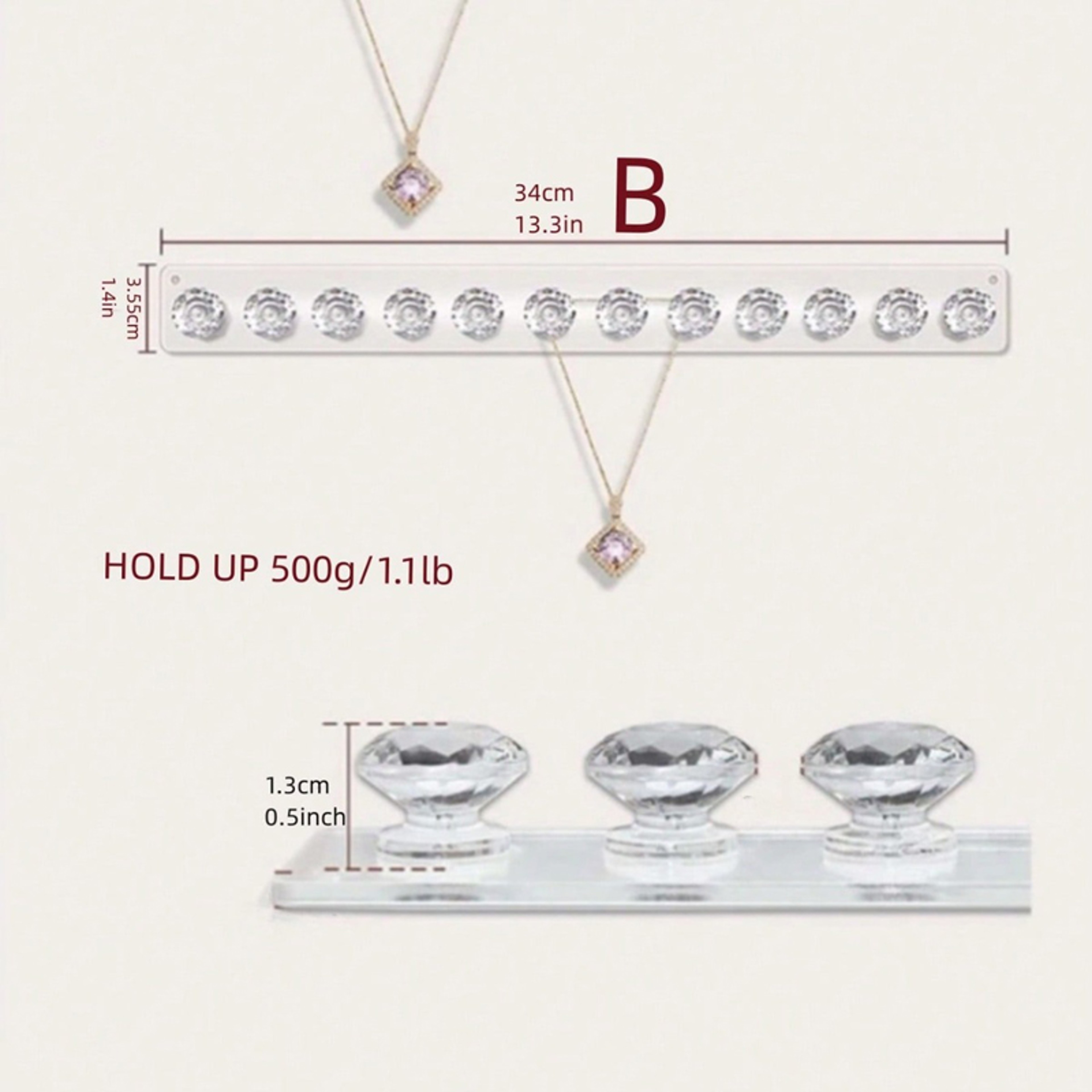 Wall Mounted Necklace Organizer  Acrylic Jewelry Holder With Crystal Ball Knobs For Necklaces Brace 2
