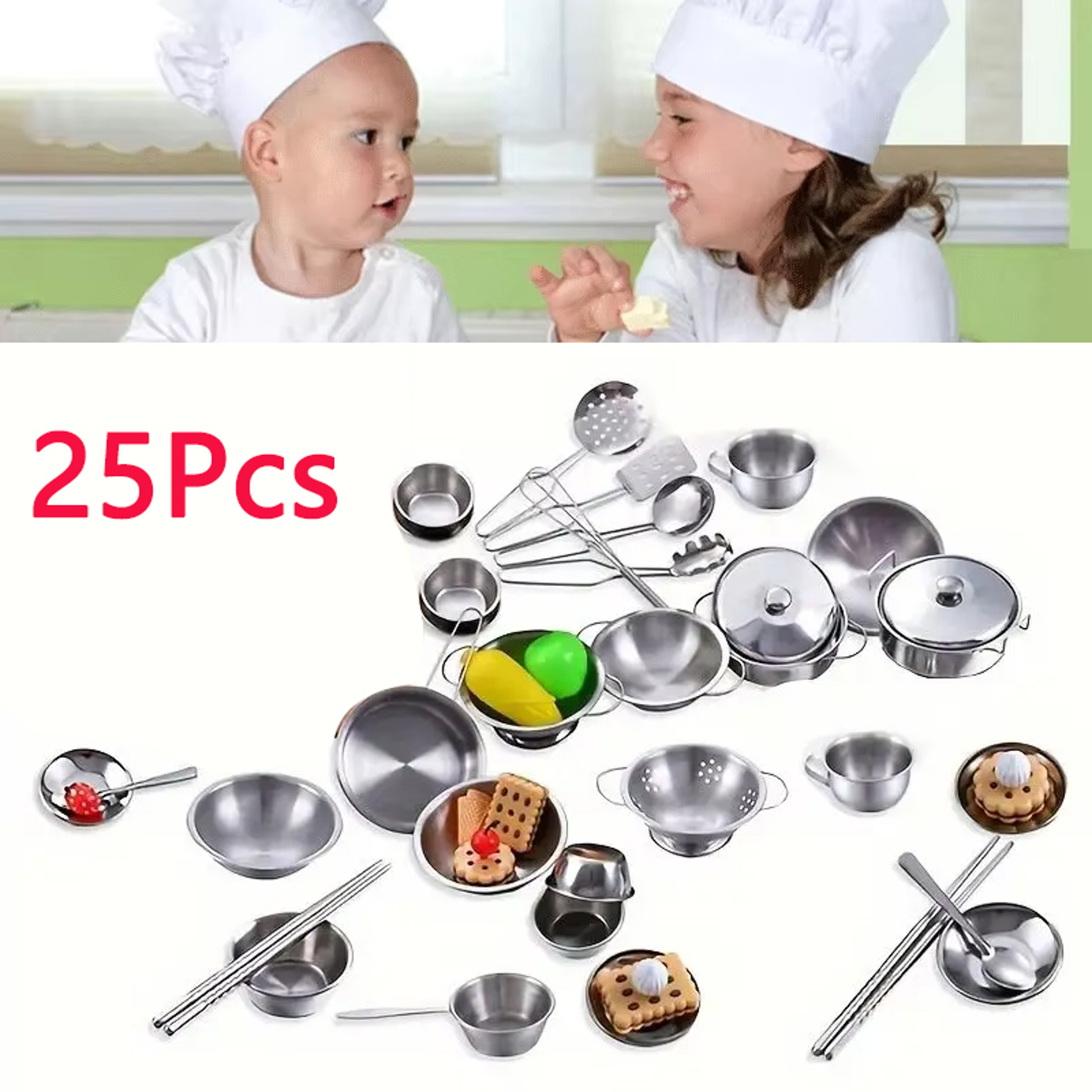 Durable Stainless Steel Kitchen Set For Kids  Pretend Play Cooking Toy Educational Role Playset For 2