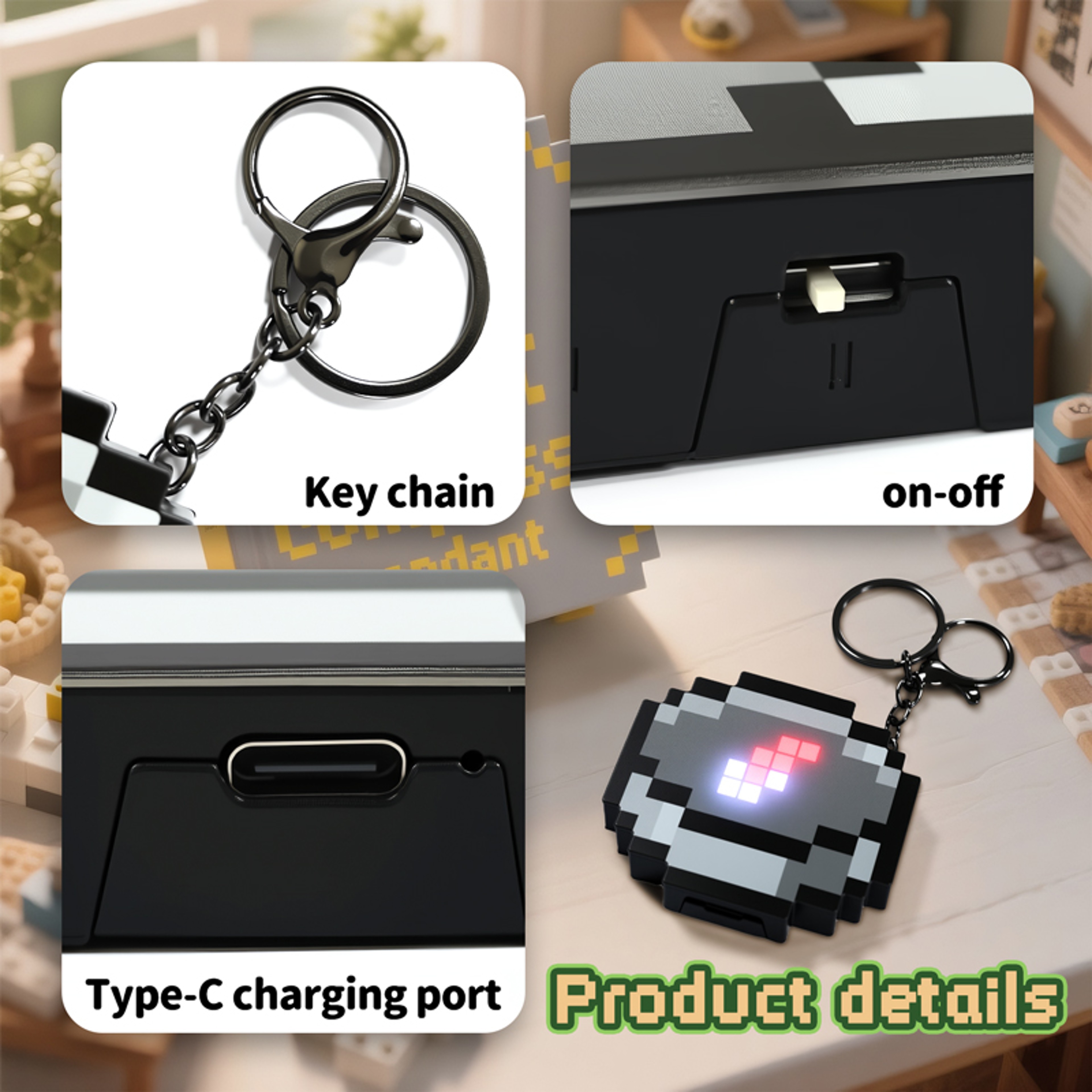 Kids Rechargeable Pixel Compass Keychain  Creative Cartoon Backpack Key Chain Simple Design Game Pe 3