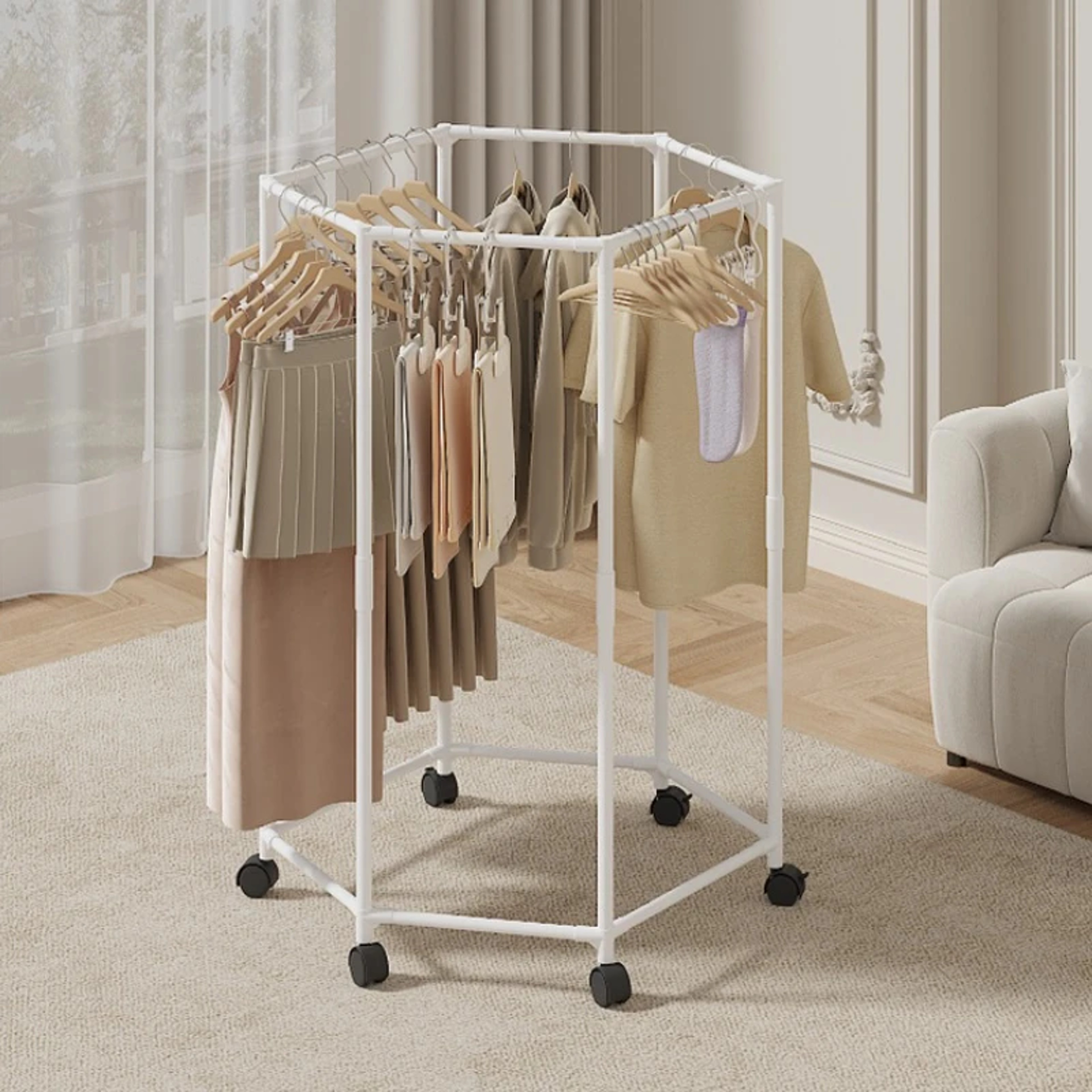 Hexagon Rotating Garment Organizer & Drying Rack – Movable Coat Hanger for Dorm & Home Use – view 1