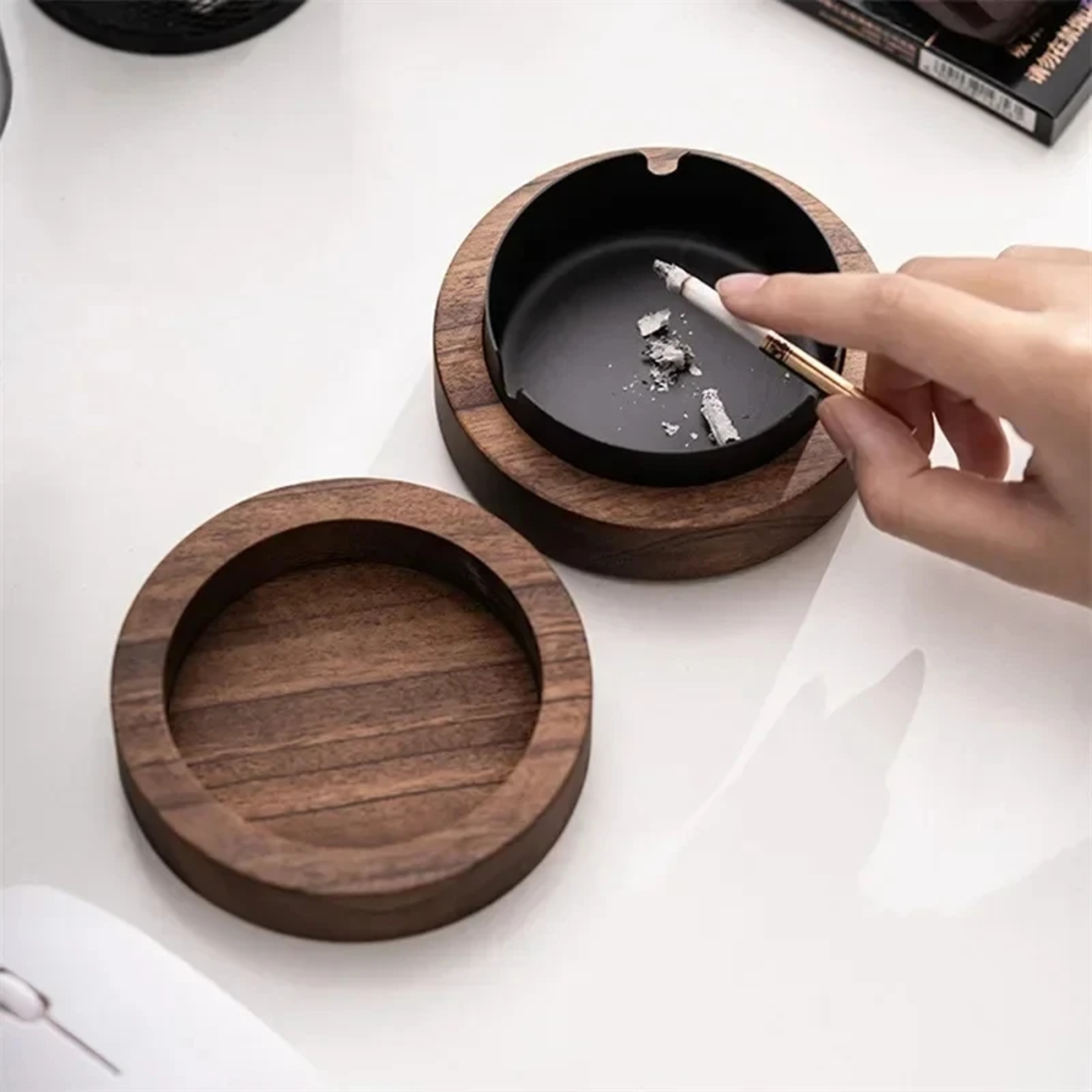 Walnut Wood Windproof Ashtray With Lid  Stainless Steel Liner For Indoor  Outdoor Use 0