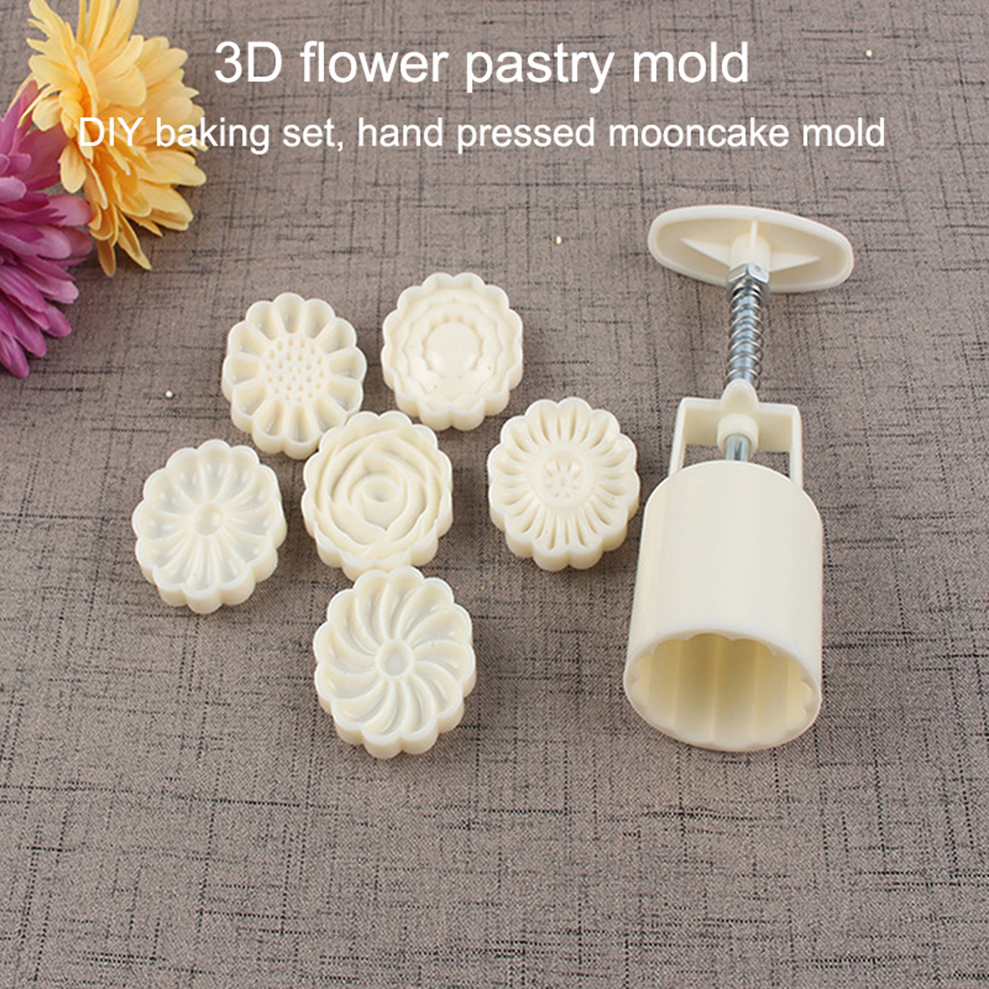 Mooncake Mold Set With Flower Pattern Stamps  Ideal For DIY MidAutumn Cakes Cookies And Desserts 1