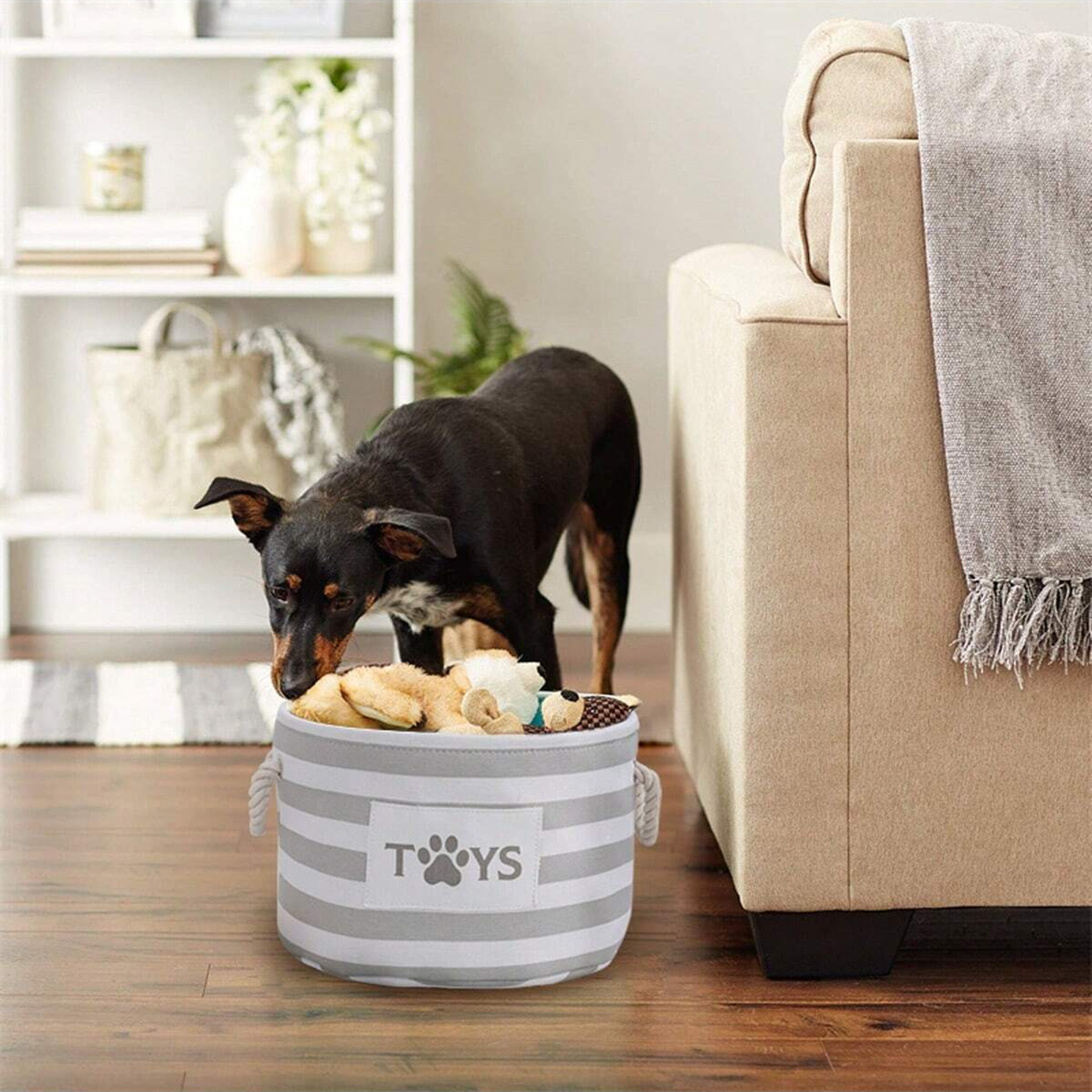 Foldable Striped Pet Toy Basket with Woven Rope Handle, Durable Dog Toy Storage Box – view 3