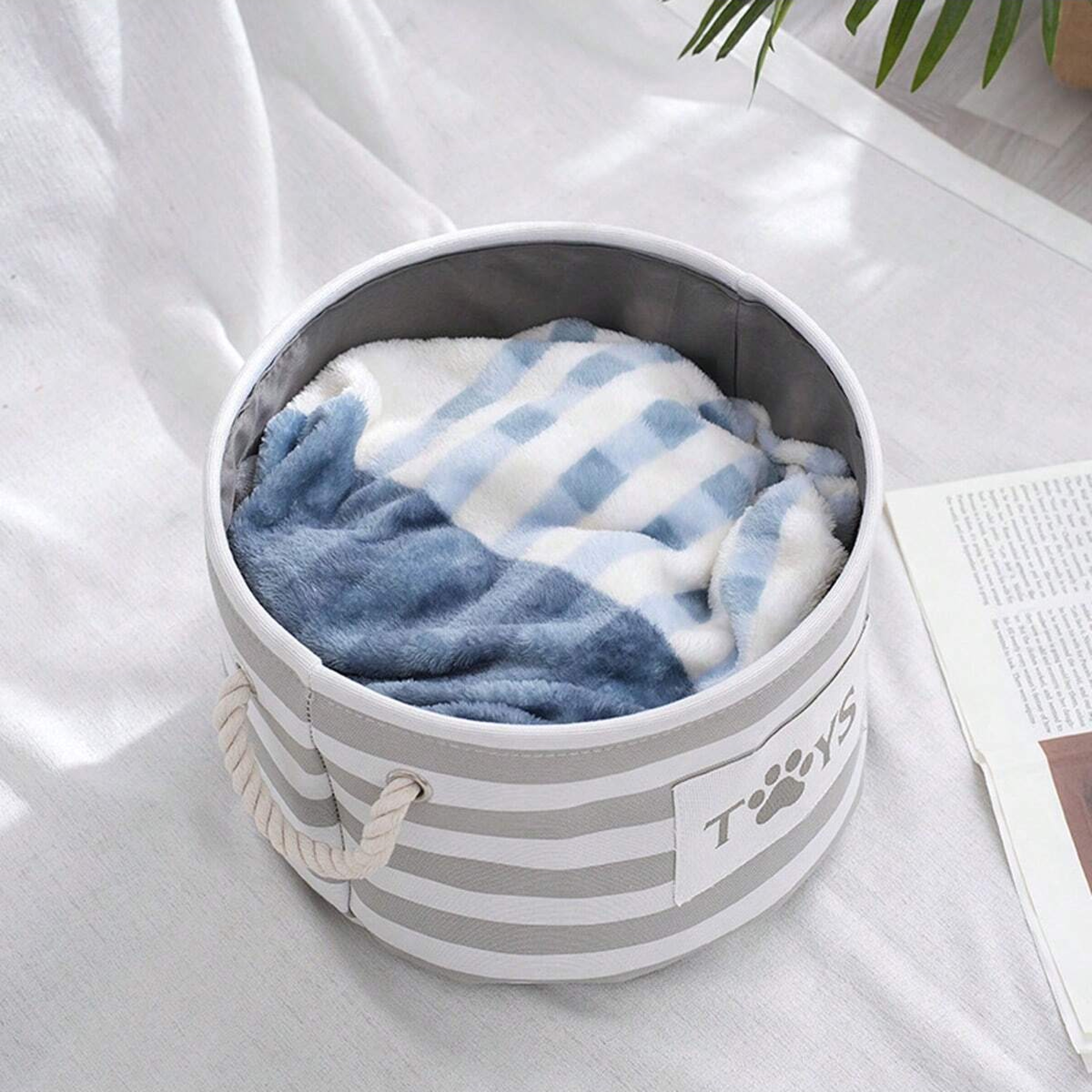 Foldable Striped Pet Toy Basket with Woven Rope Handle, Durable Dog Toy Storage Box – view 4