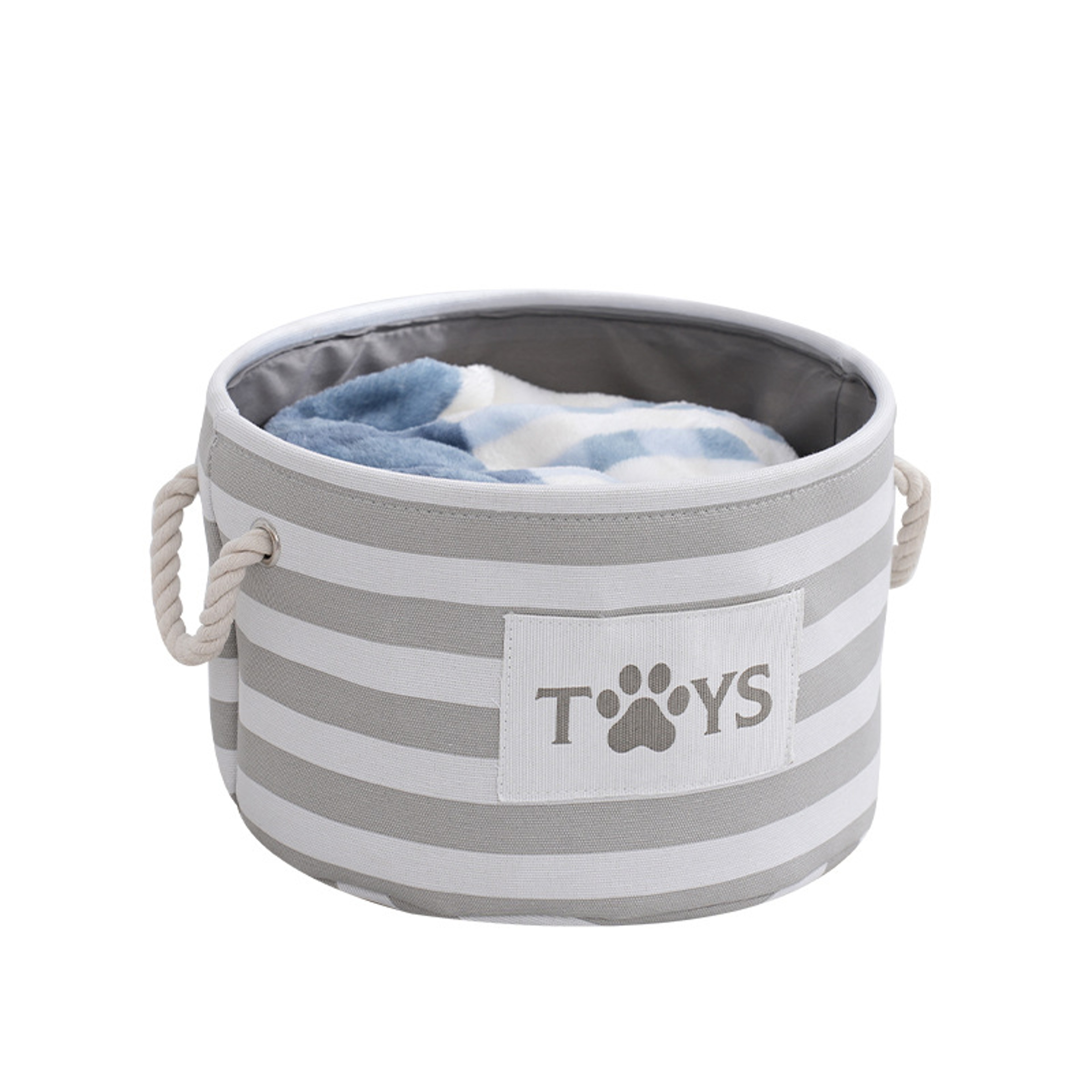 Foldable Striped Pet Toy Basket with Woven Rope Handle, Durable Dog Toy Storage Box – view 6