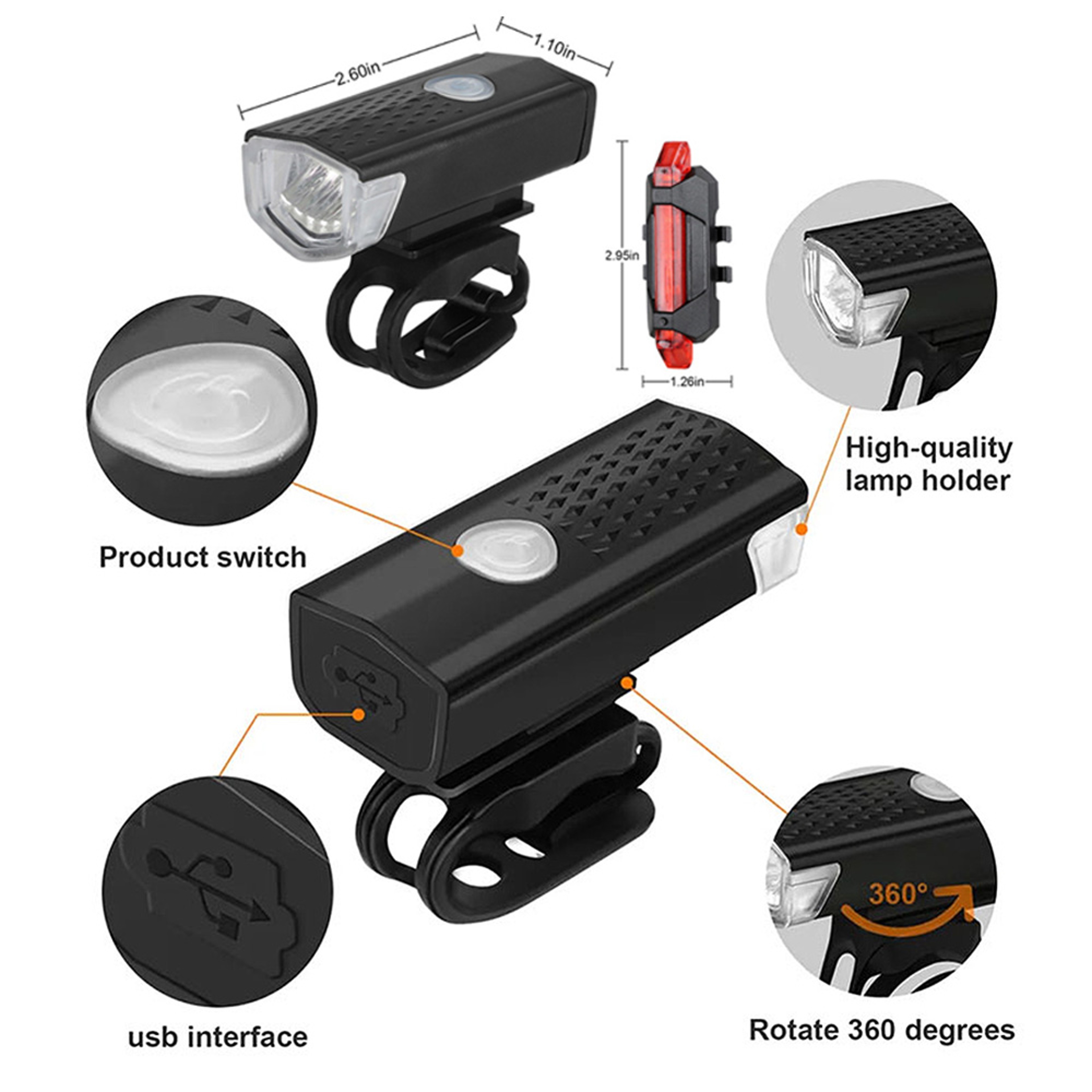 USB Rechargeable Bike Light Set Front  Rear LED Lights With Modes For Safe Cycling 5