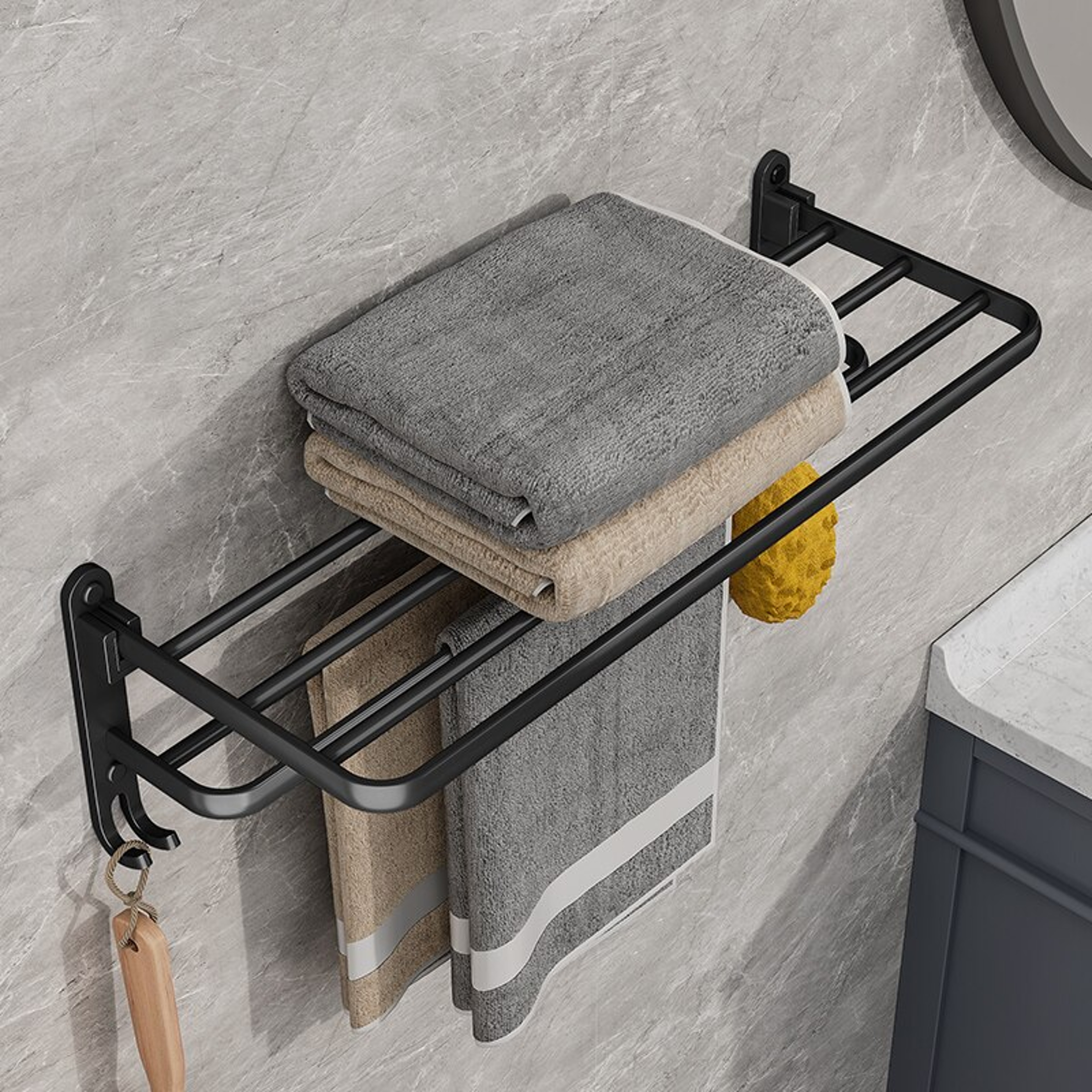 Matte Black Folding Towel Holder With Hook Wall Mount Space Aluminum Rack For Bathroom And Kitchen 2