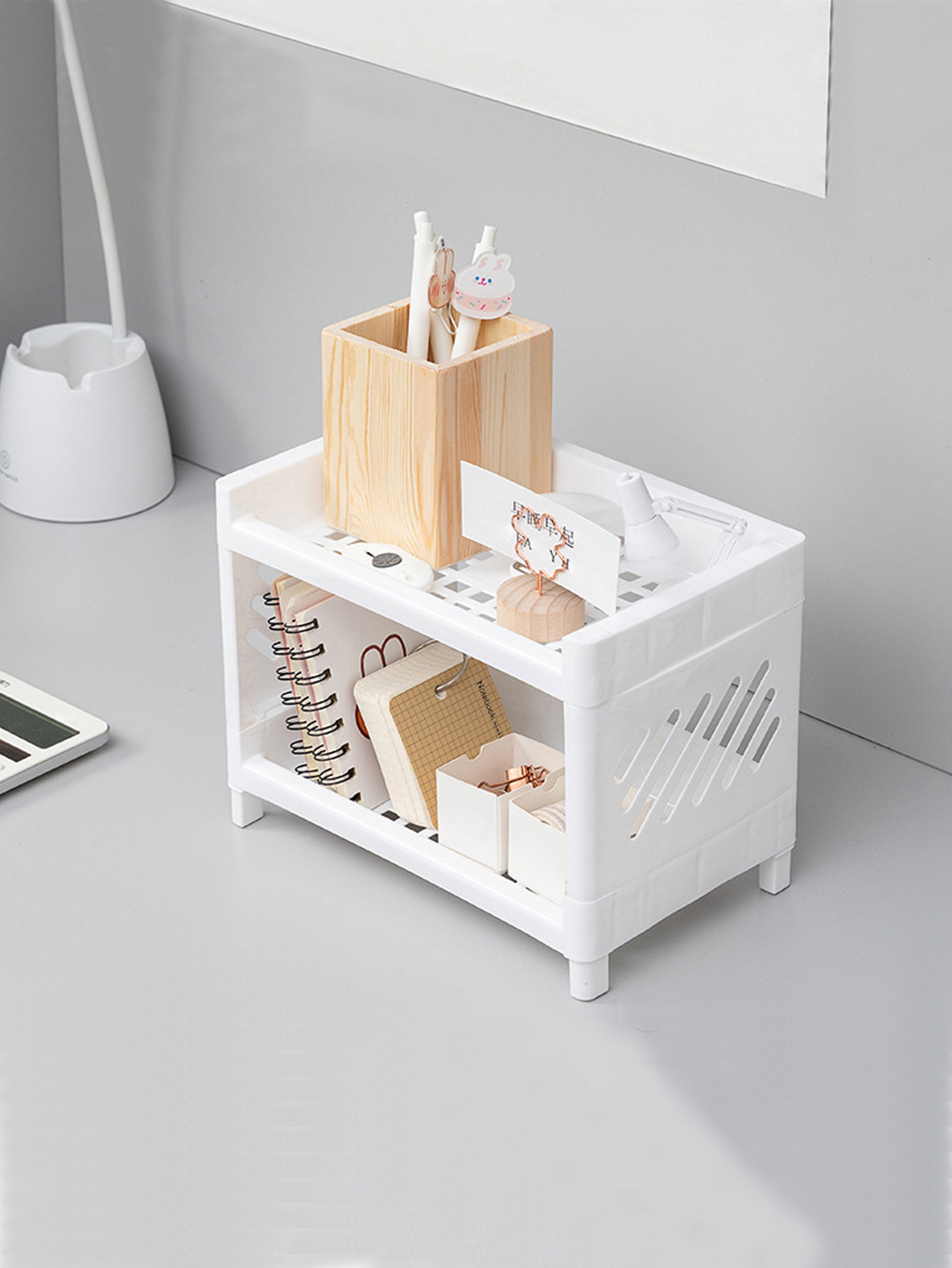 Desktop Double Layer Storage Rack White Organizer For Office Desk Cosmetics  Stationery 0