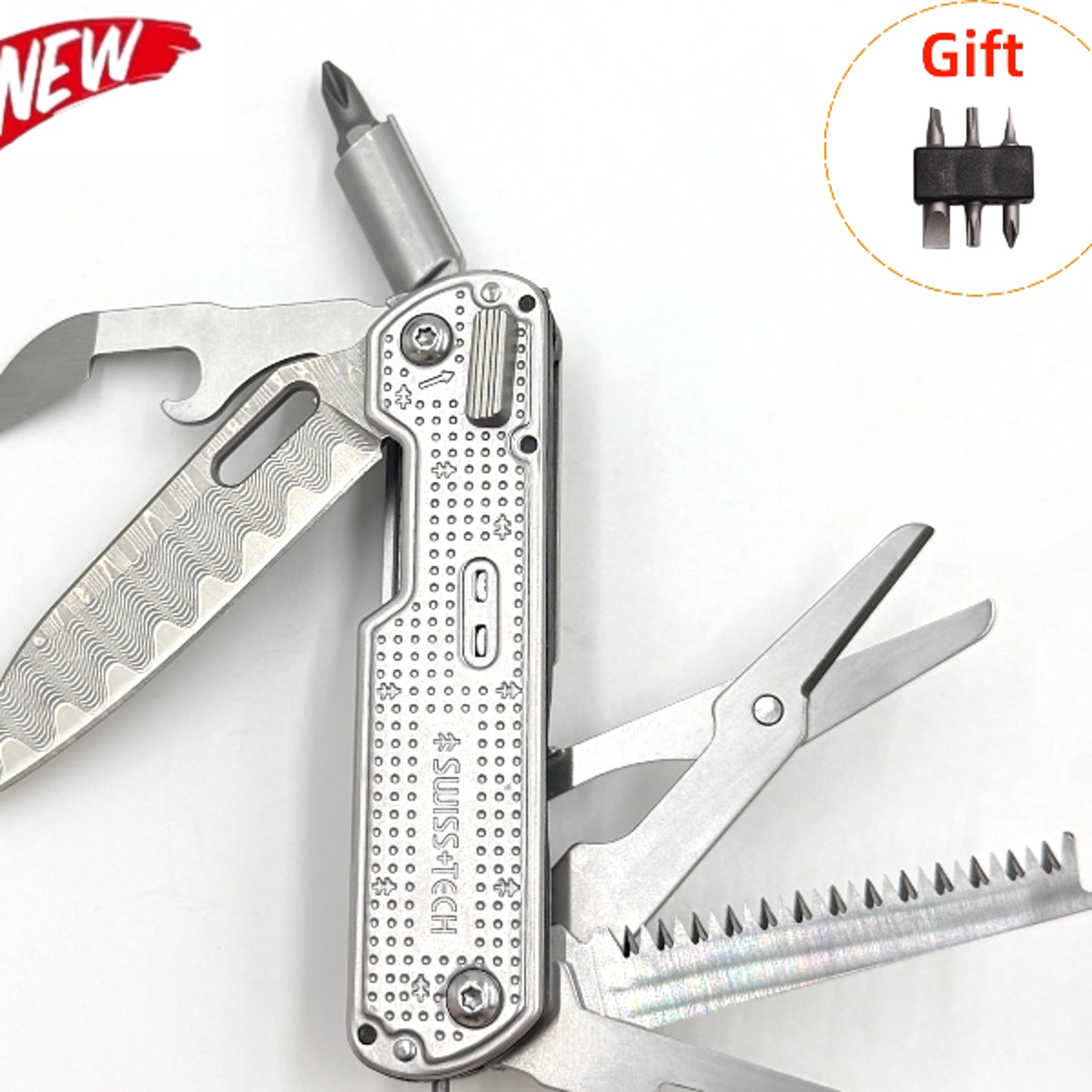 2026 New SWISS TECH 10IN1 EDC Multitool Combination Tool Knife Damascus Folding Scissors Portable