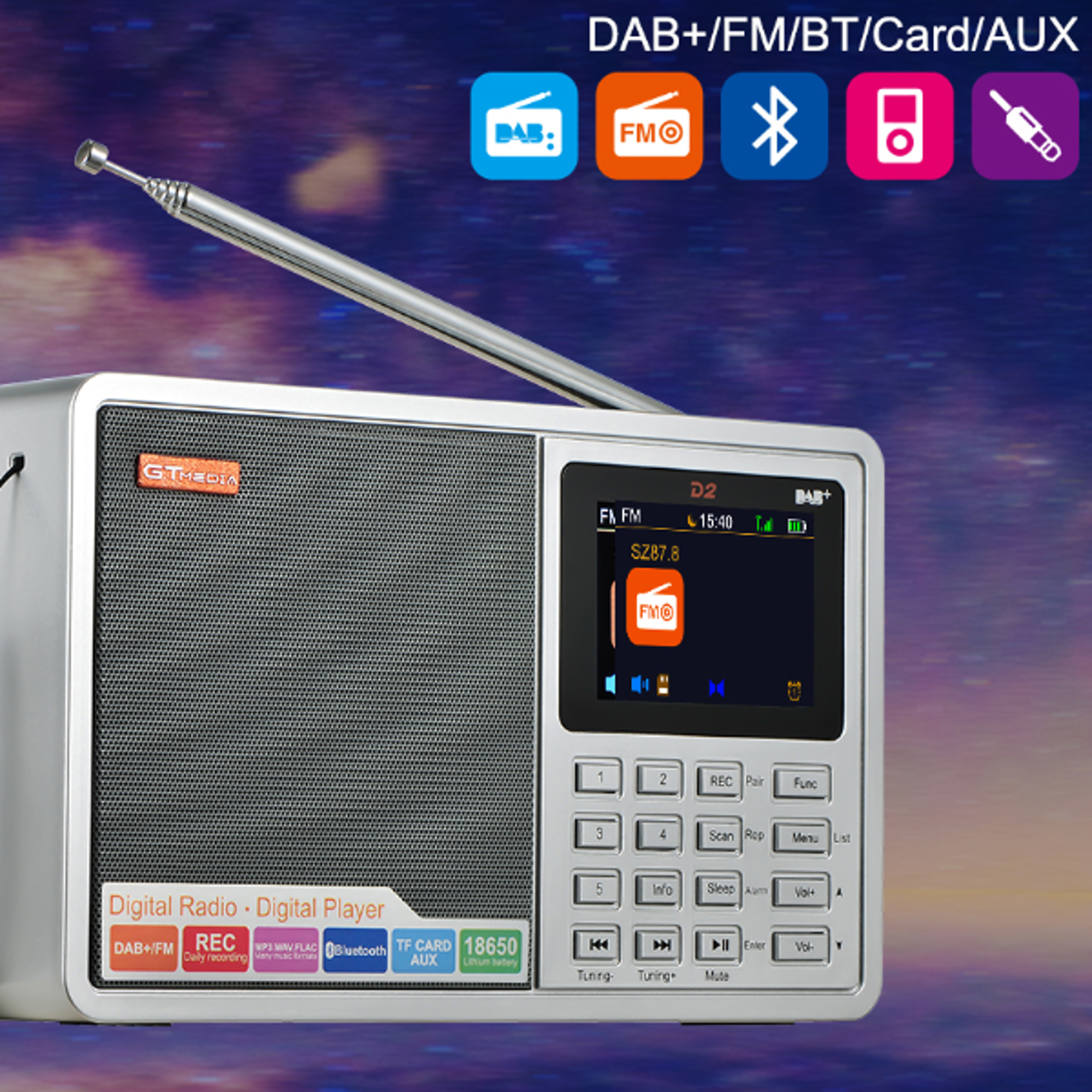 GTMEDIA D2 Digital Radio Receiver Bluetooth Speaker AUX TF CardSlot MP3 Player Record Clock Alarm S
