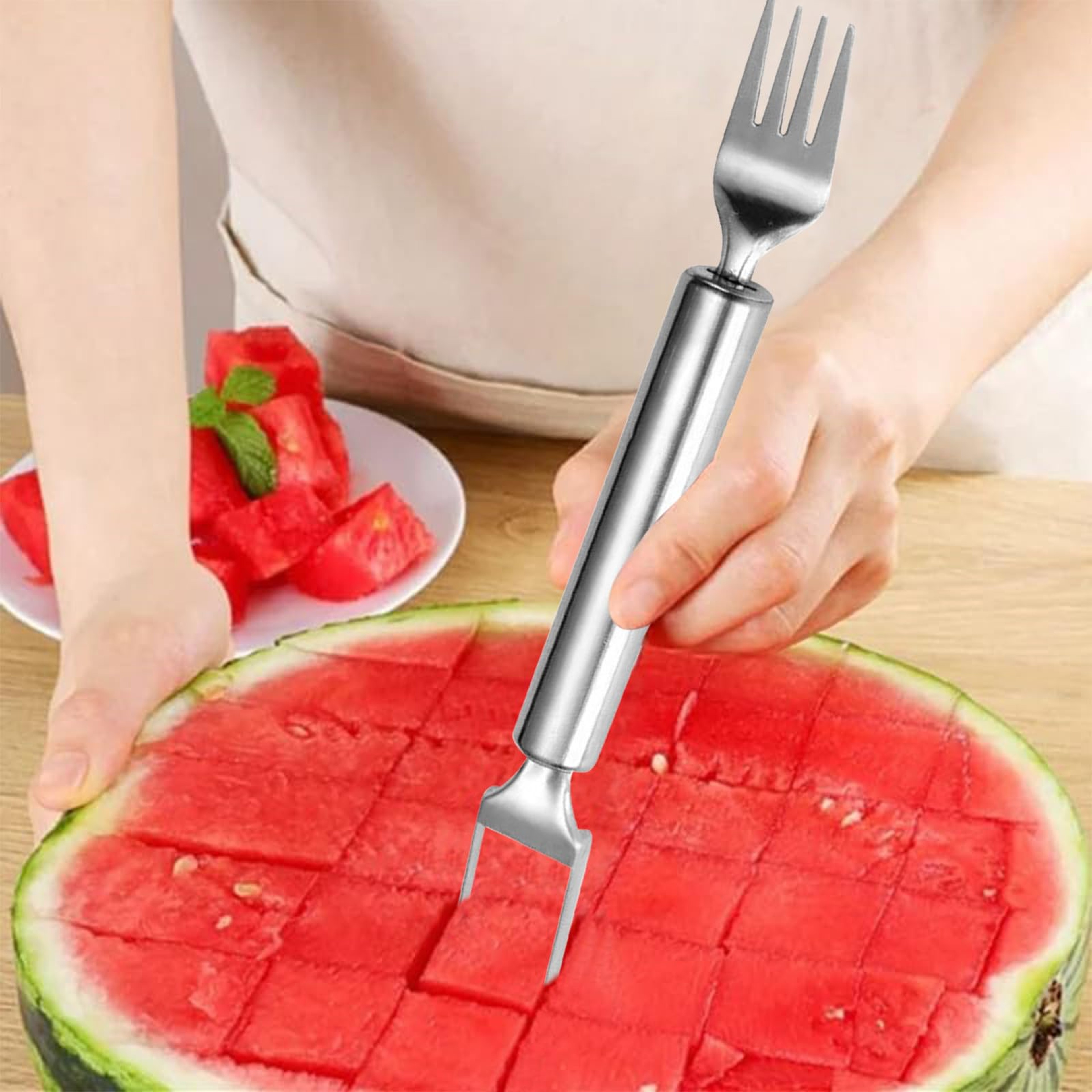 Watermelon Slicer Tool  Stainless Steel Fruit Cutter Dual Head Melon Cutter And Food Fork 1