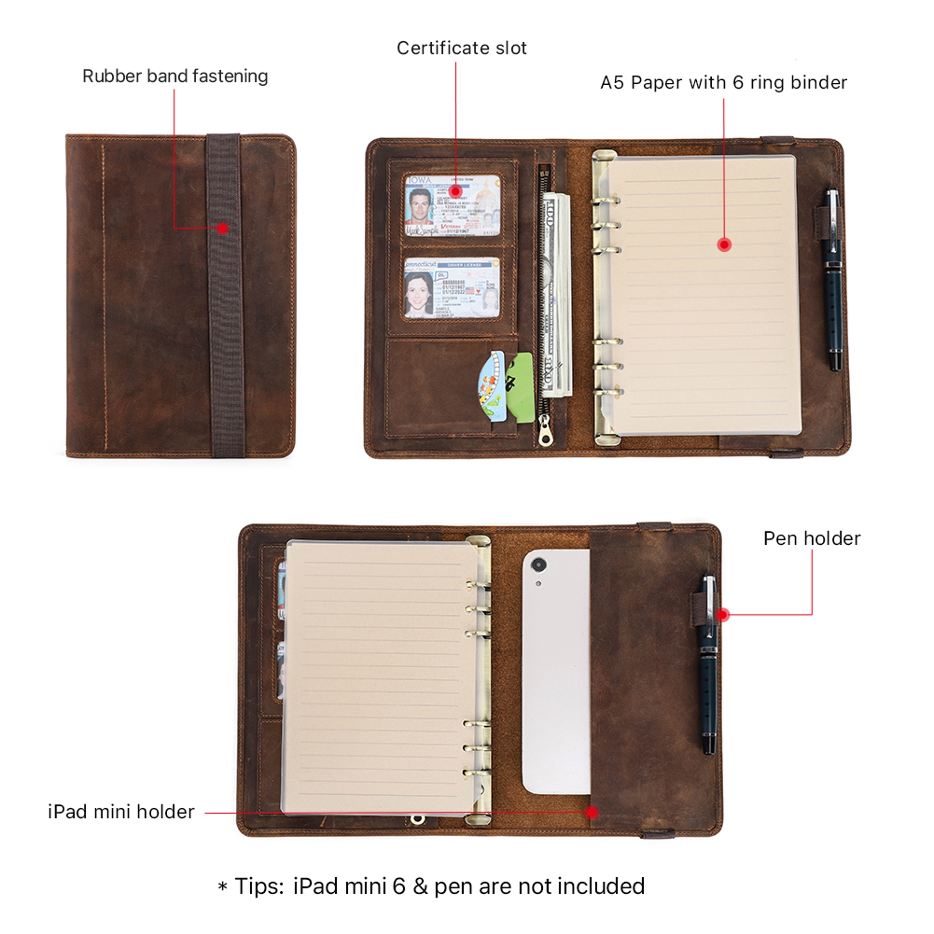 Luxury Retro Leather Notebook Portfolio With Ring Binder  IPad Holder 1