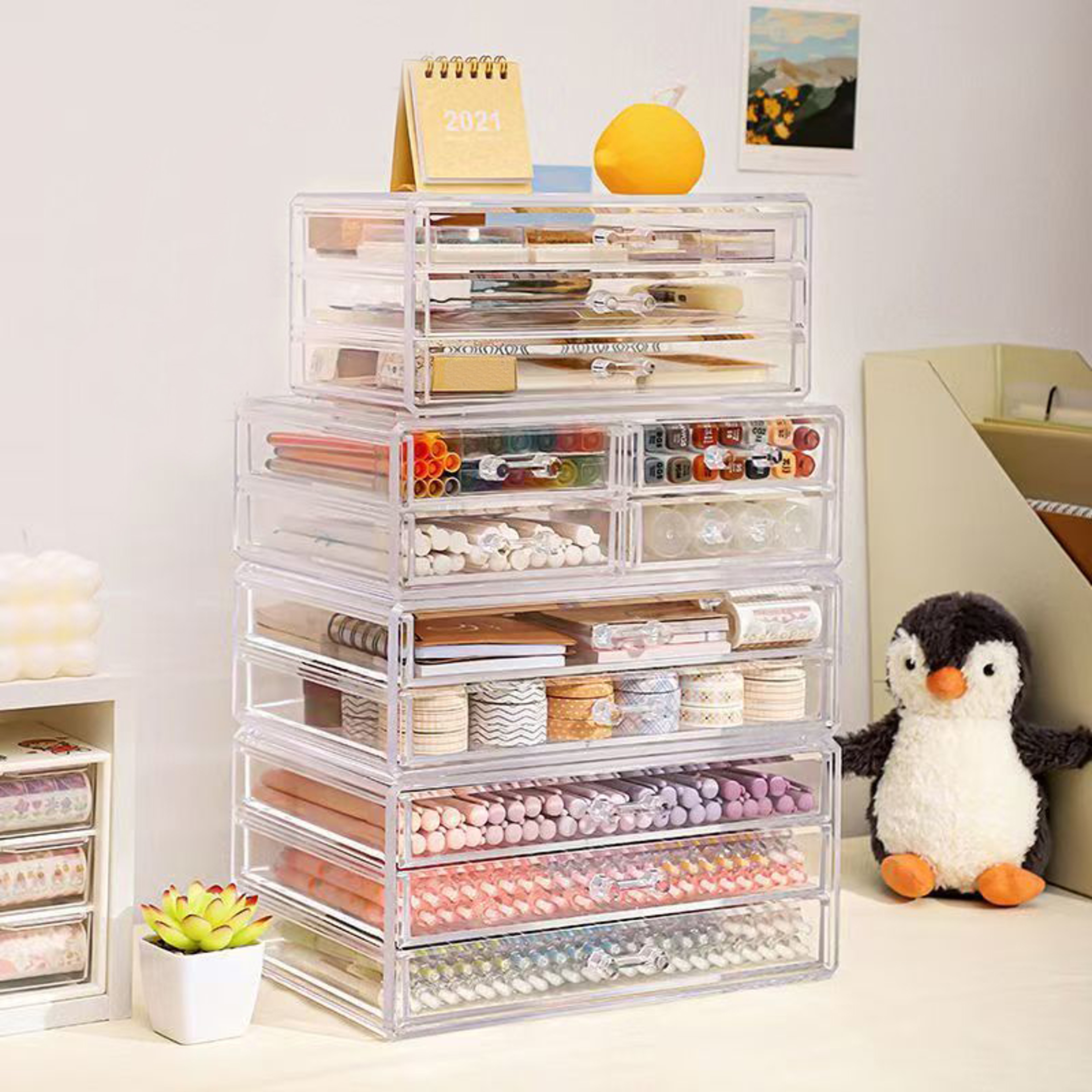 Stackable Clear Desk Organizer  Plastic Drawer Organizer For Makeup Office  Craft Storage 1