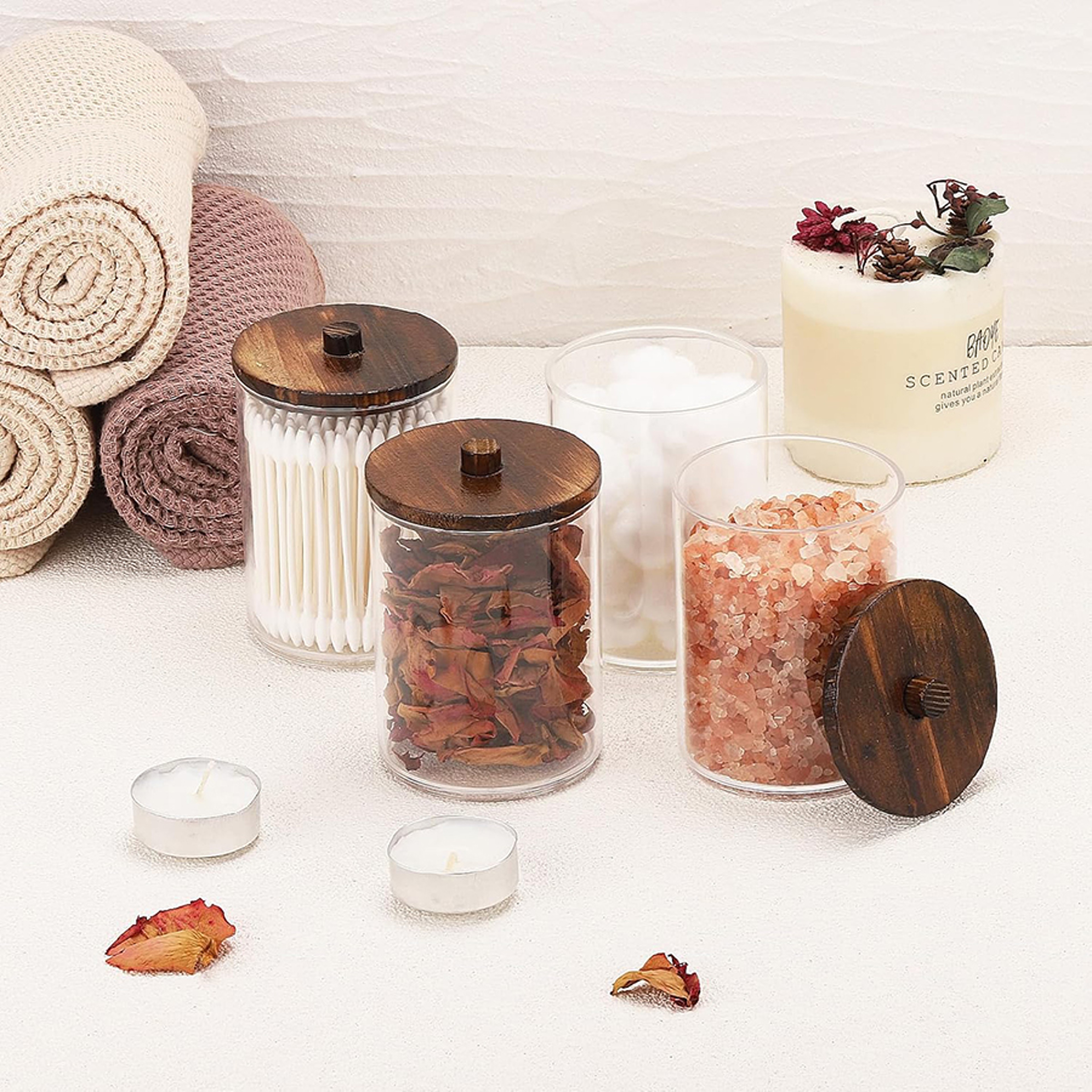 Bathroom Storage Jars Set Clear Plastic Apothecary Jars Qtip Holder Organizer 0