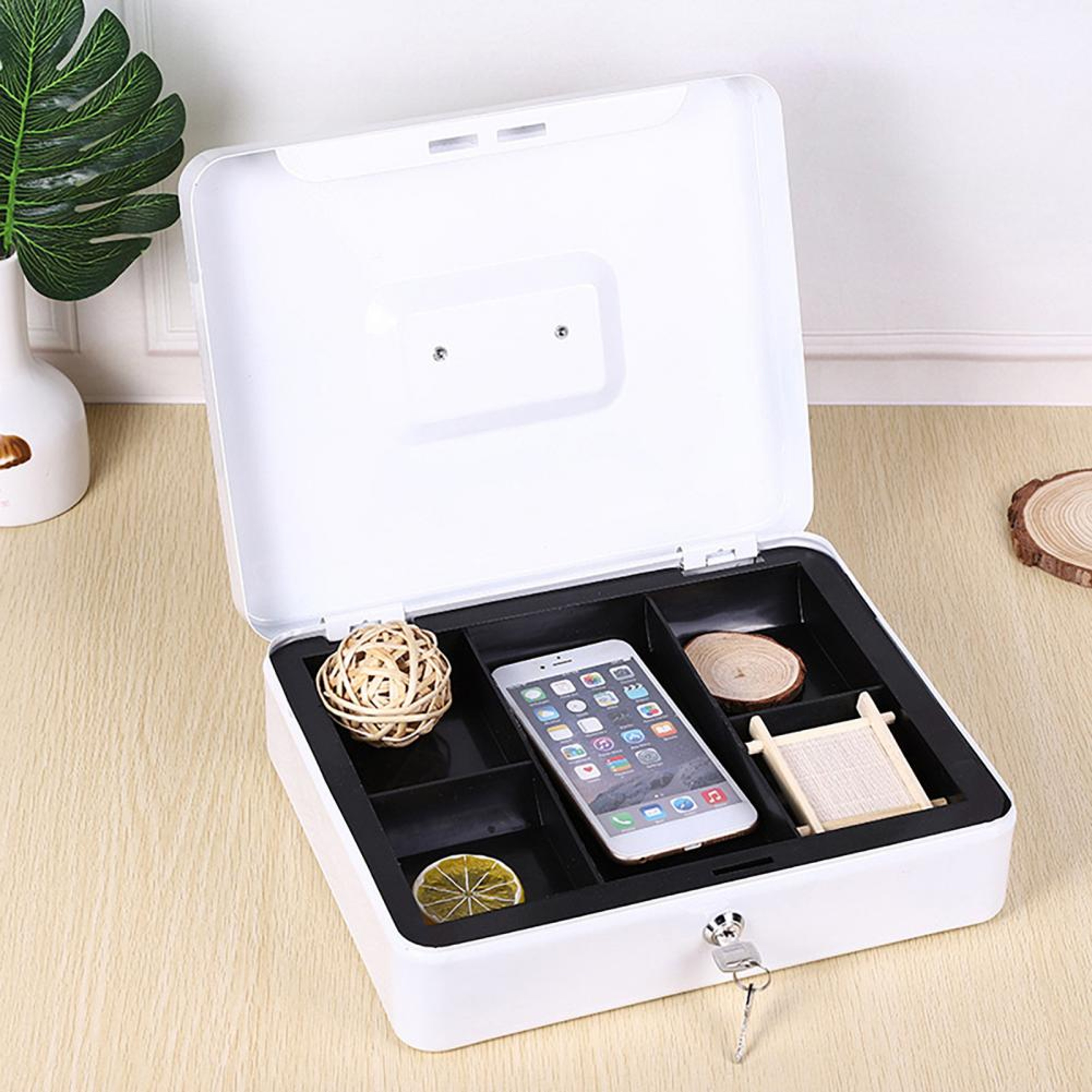 Portable Secure Cash Lock Box With Key Lock Fireproof Metal Money Organizer 0