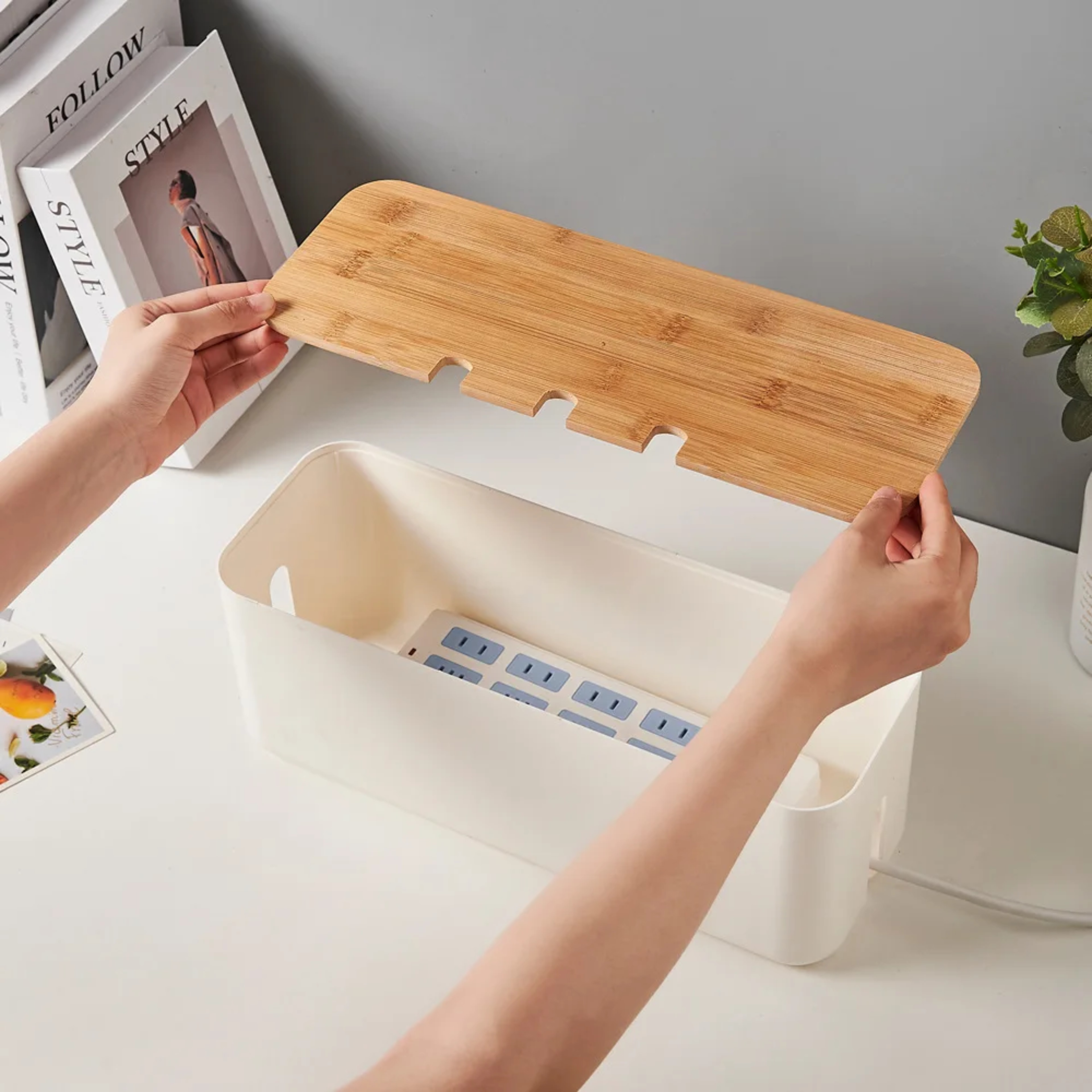 Bamboo Cable Management Box For Desk Clean Wire Organizer 3