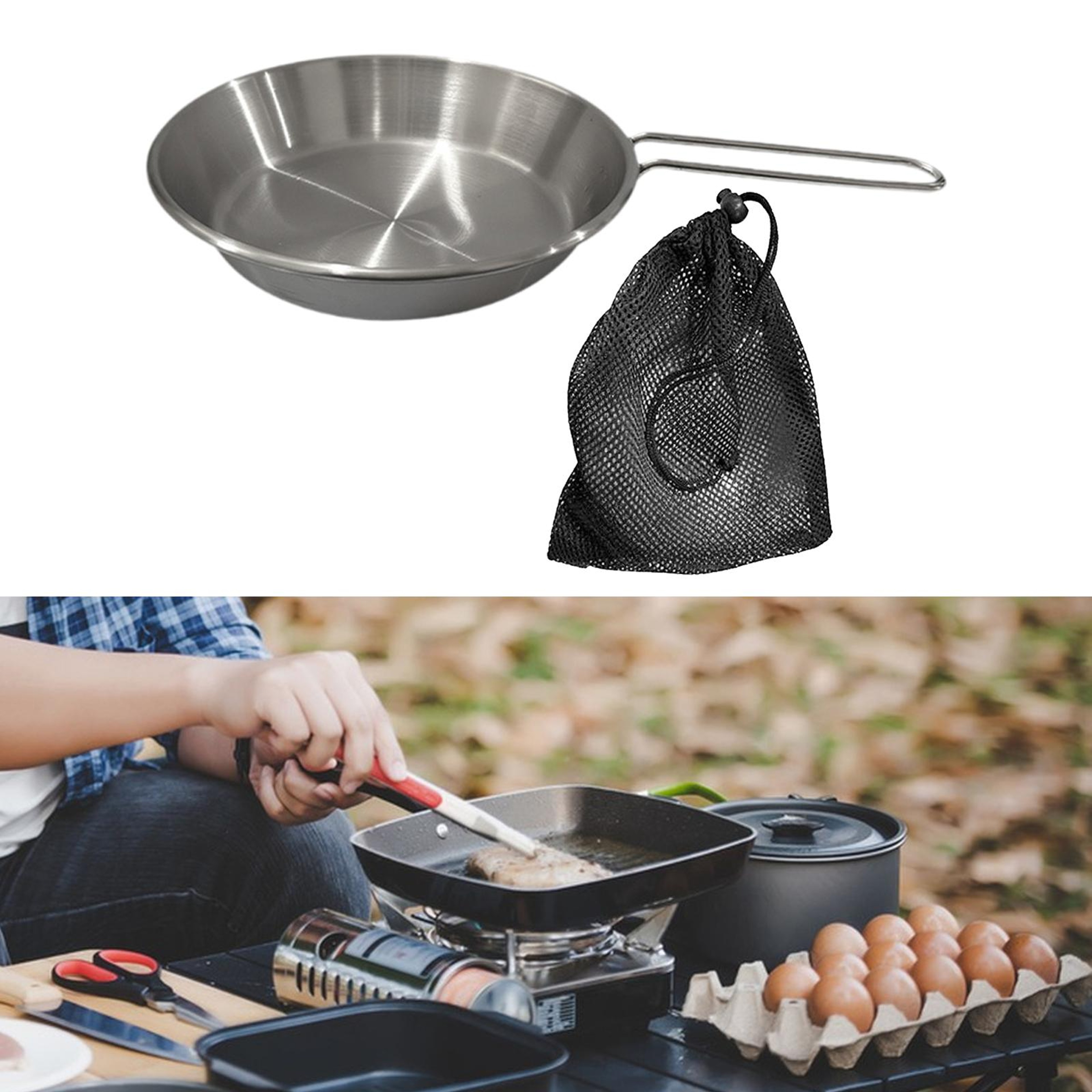 Compact Camping Fry Pan With Foldable Handle Portable Stainless Steel Outdoor Cookware 1