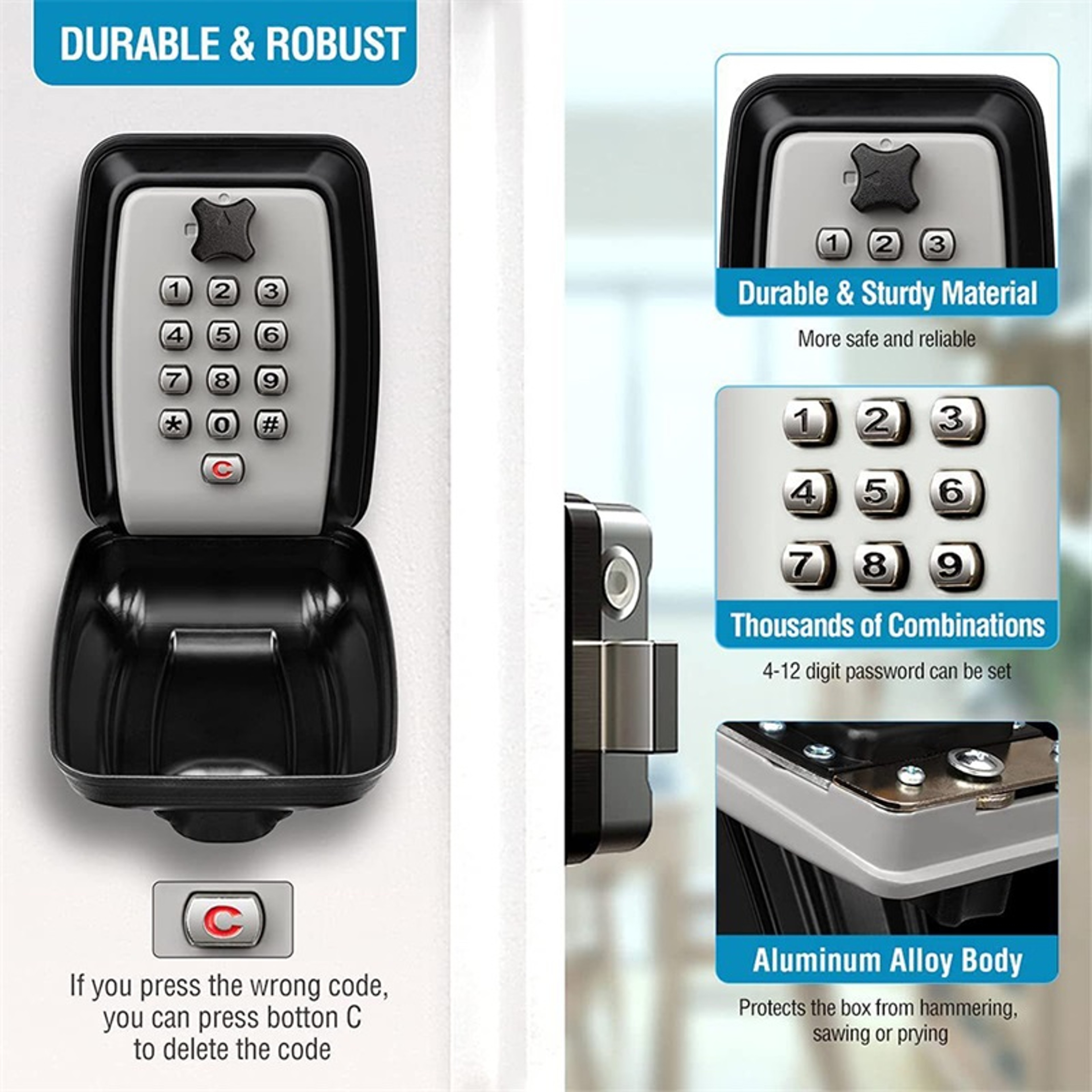 Wall Mounted Key Lock Box Waterproof Outdoor Key Safe With Combination Lock 3