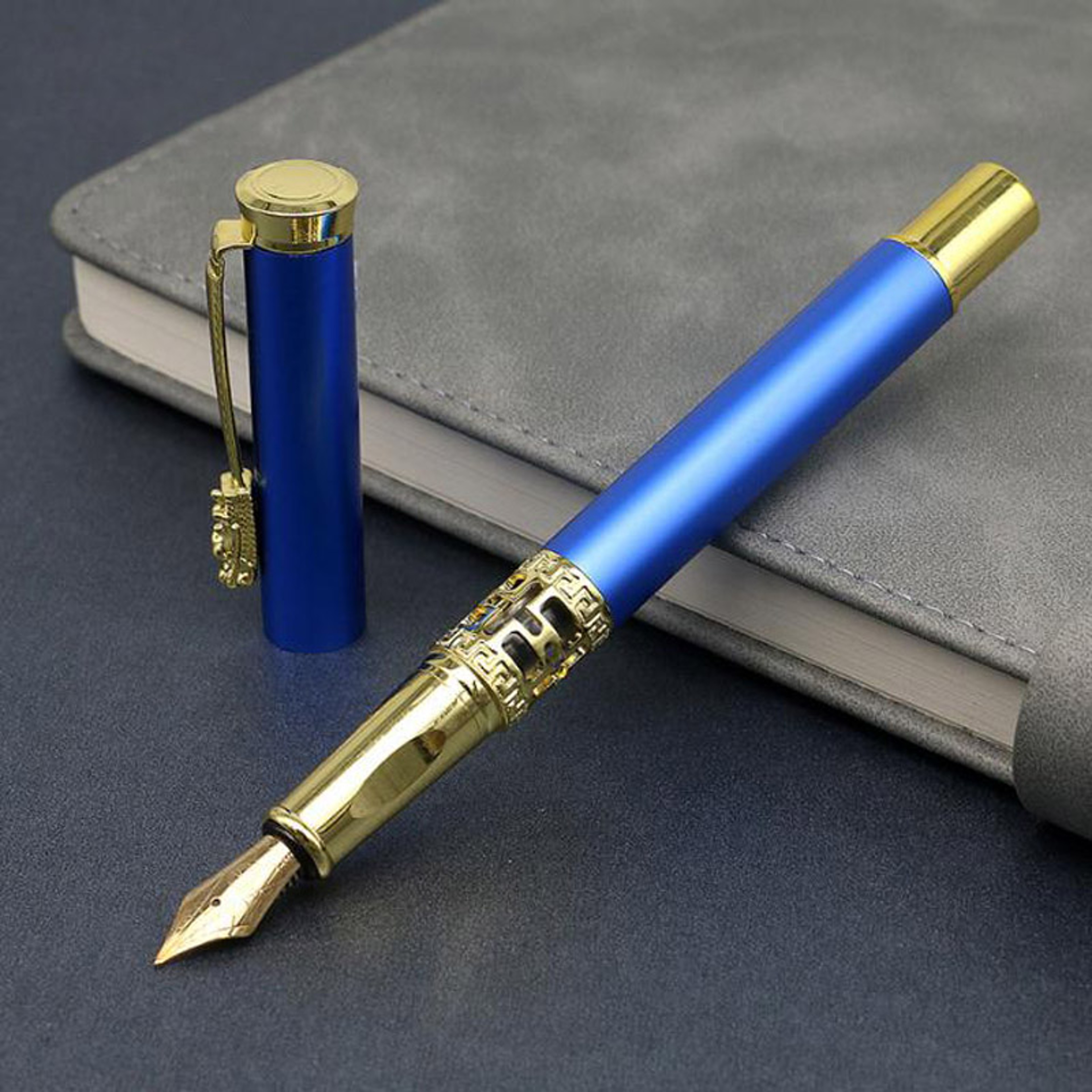 Blue Hollow Sculpted Fountain Pen Luxury Metal Calligraphy Writing Pen 0