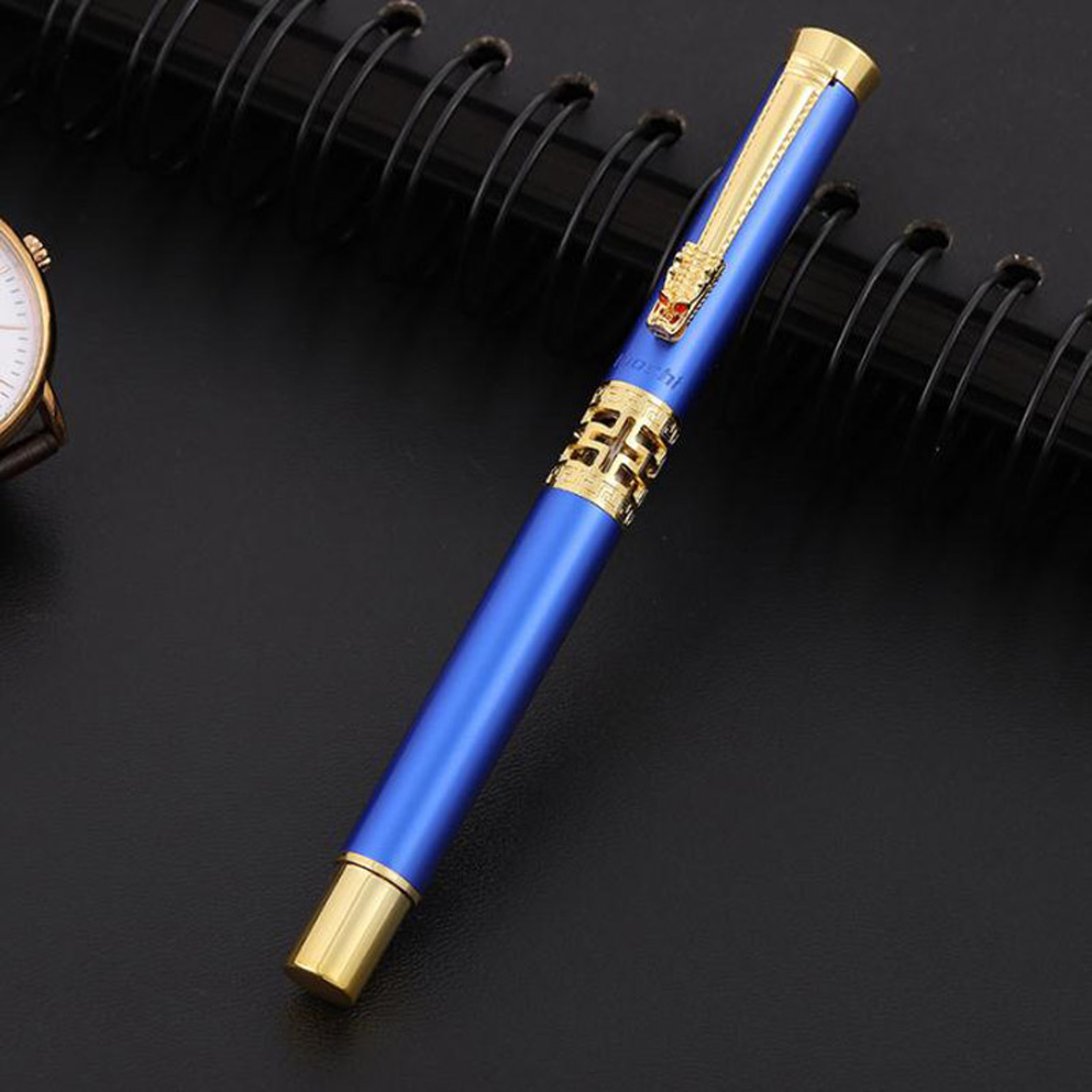 Blue Hollow Sculpted Fountain Pen Luxury Metal Calligraphy Writing Pen 1