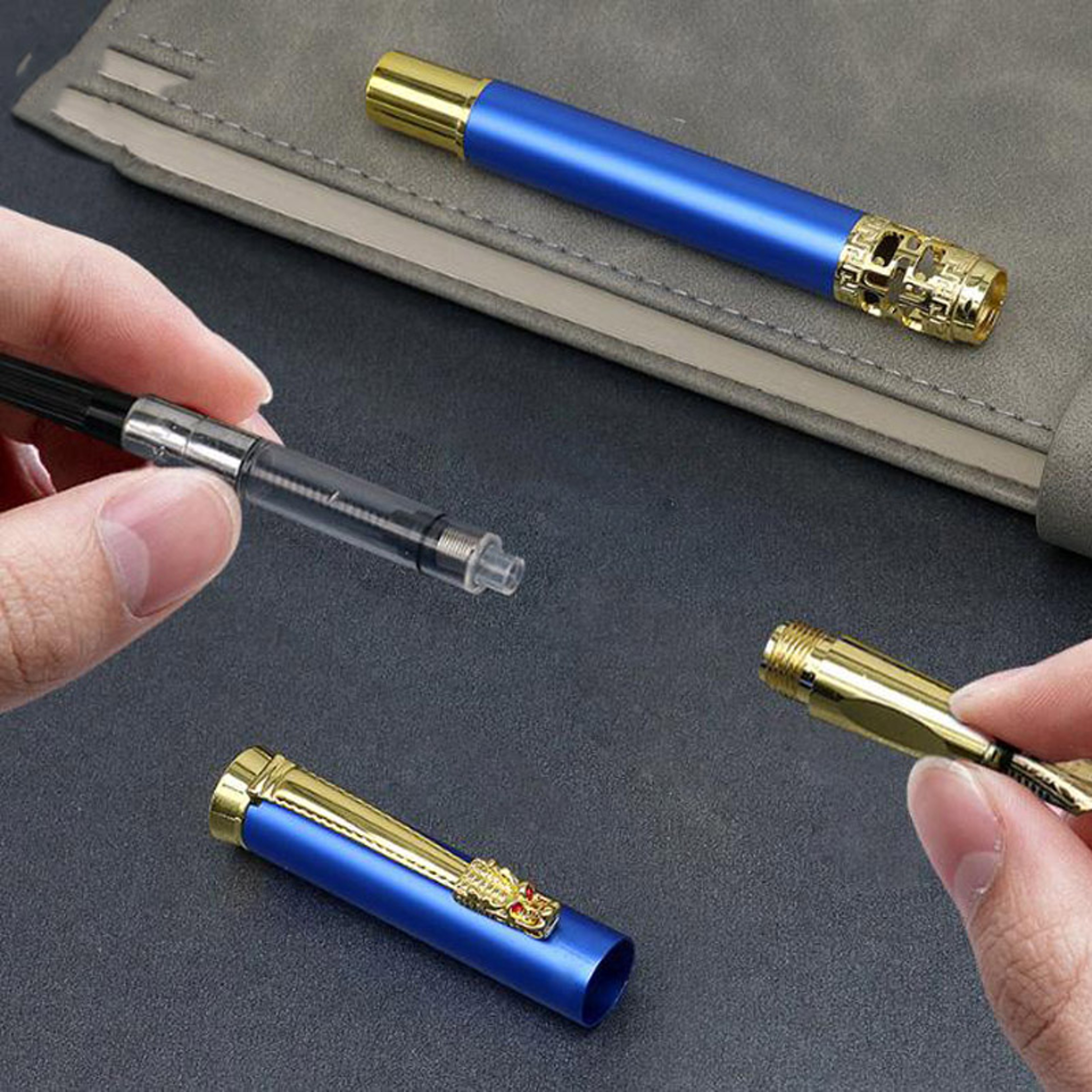 Blue Hollow Sculpted Fountain Pen Luxury Metal Calligraphy Writing Pen 5