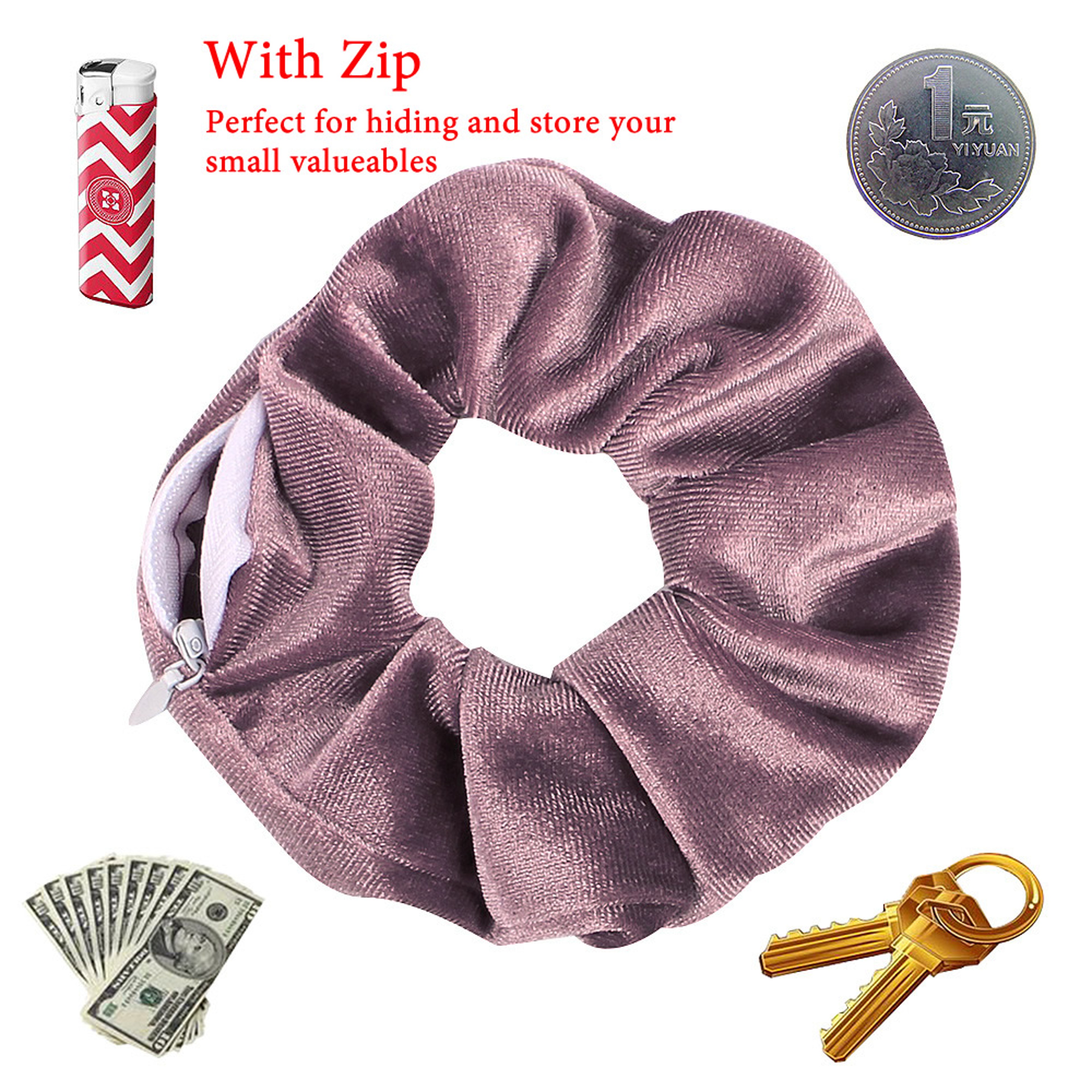 Hidden Pocket Scrunchie Secure Hair Tie With Zipper Secret Stash Travel Storage 3