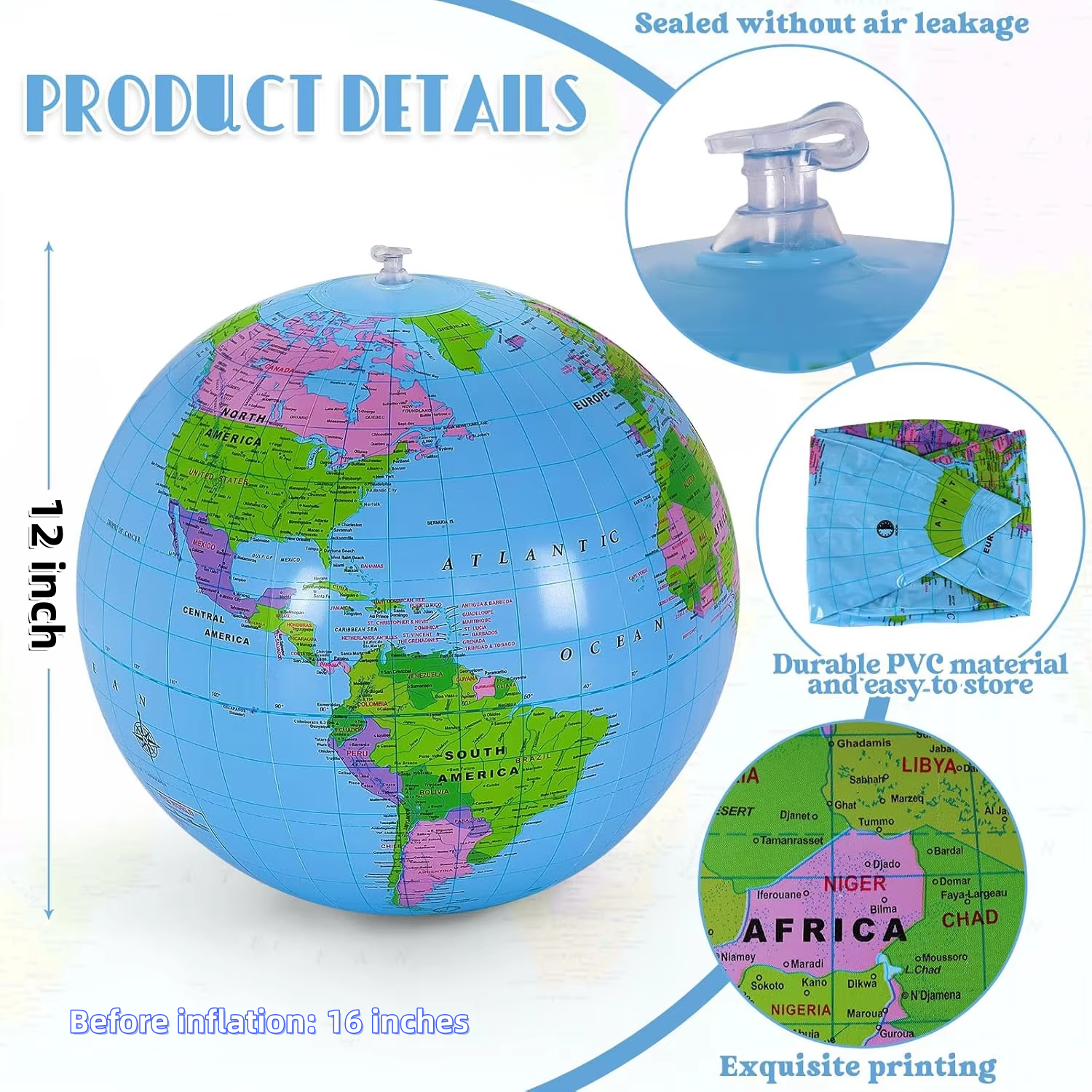 Inflatable Globe Beach Ball For Kids Fun Educational World Map Toy 2