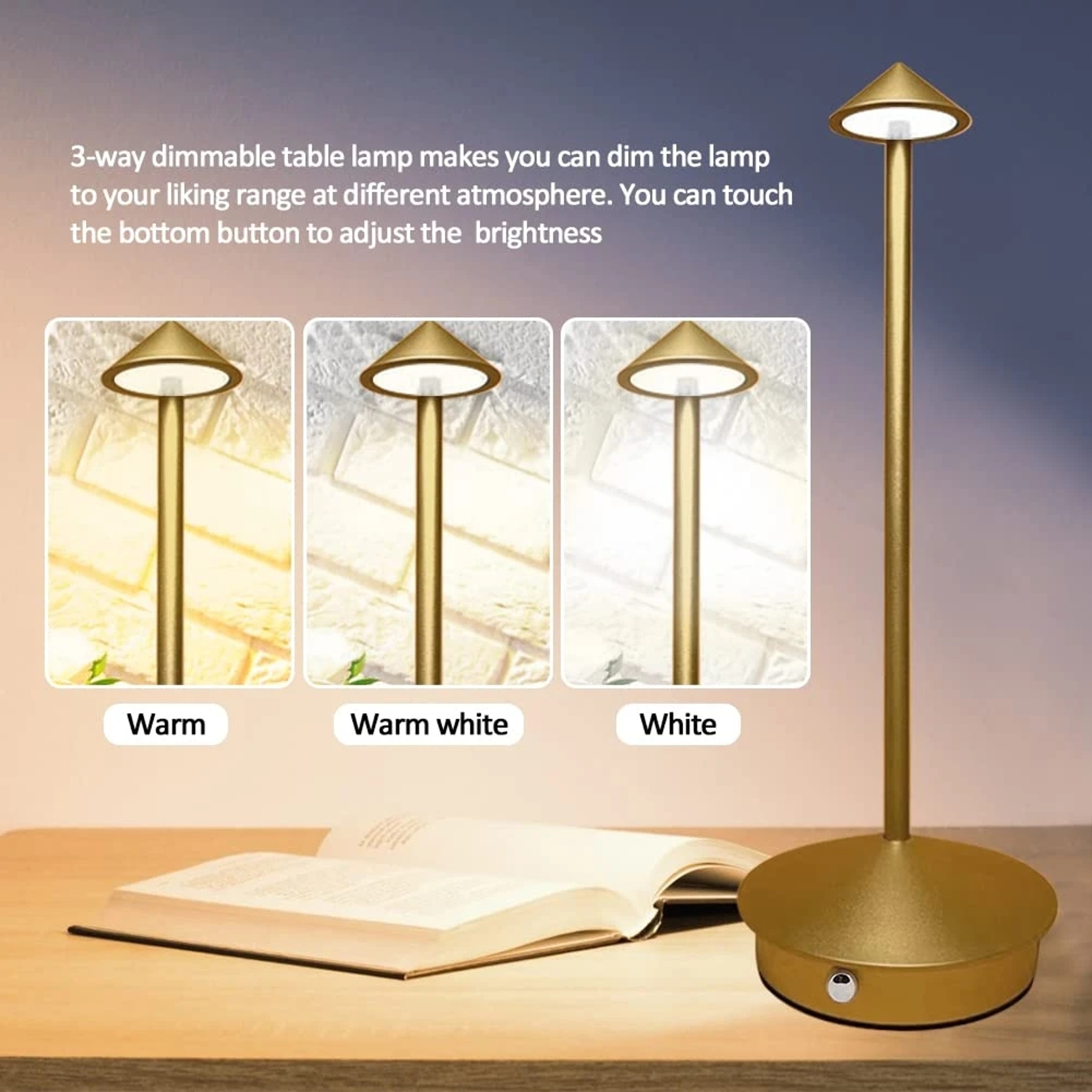 Modern Rechargeable Table Lamp Touch Control Cordless LED Desk Lamp With 3 Color Dimmable Light 4