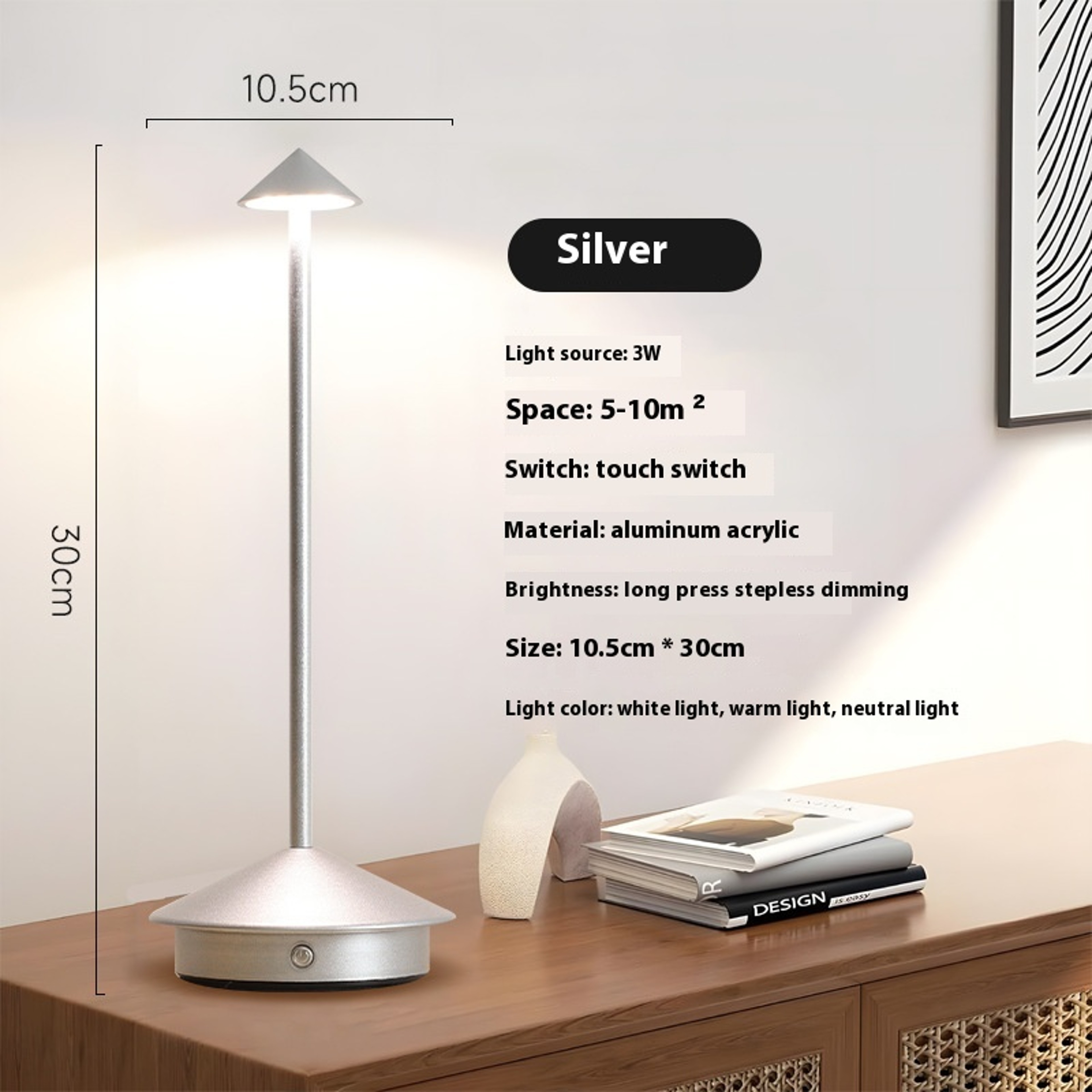 Modern Rechargeable Table Lamp Touch Control Cordless LED Desk Lamp With 3 Color Dimmable Light 12