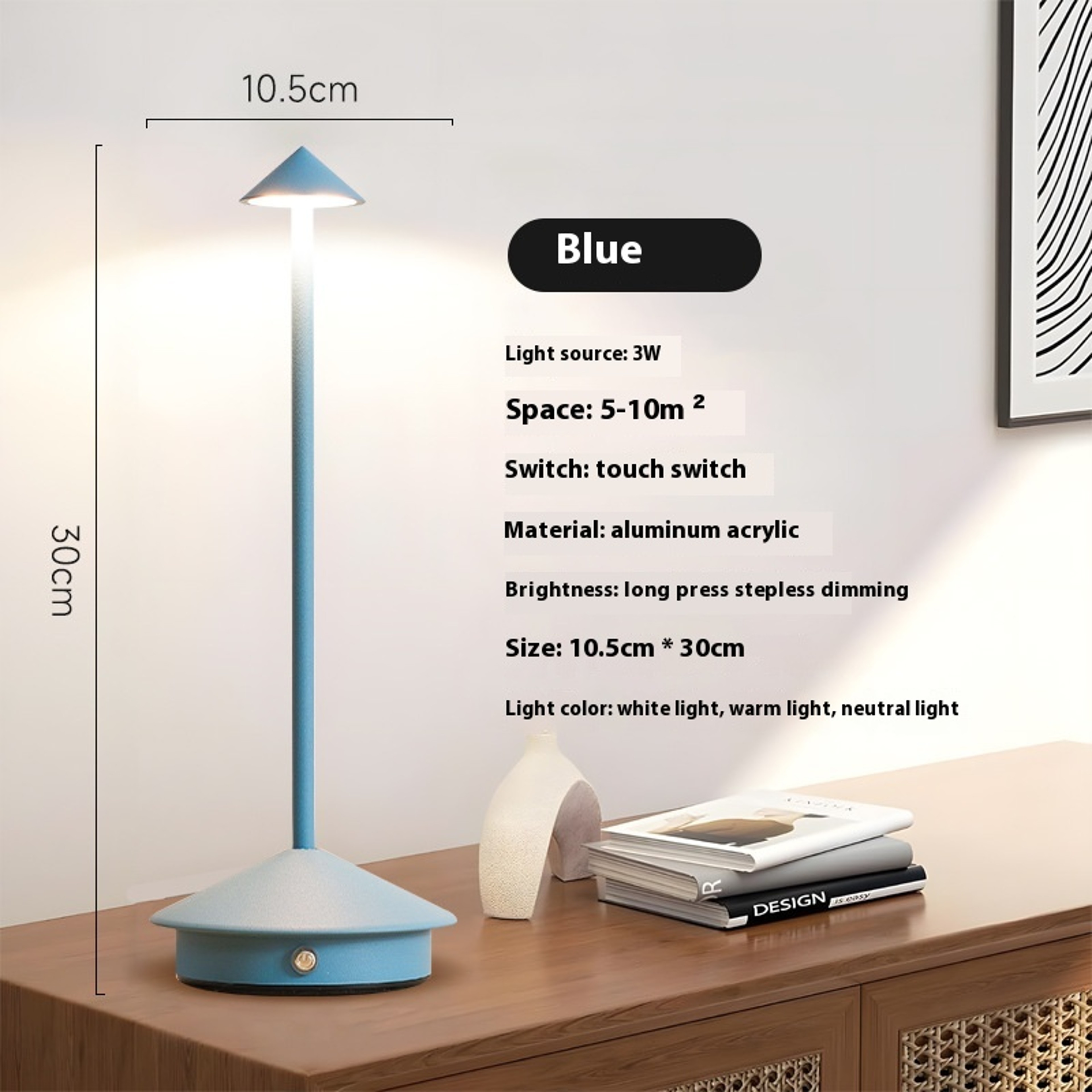 Modern Rechargeable Table Lamp Touch Control Cordless LED Desk Lamp With 3 Color Dimmable Light 10