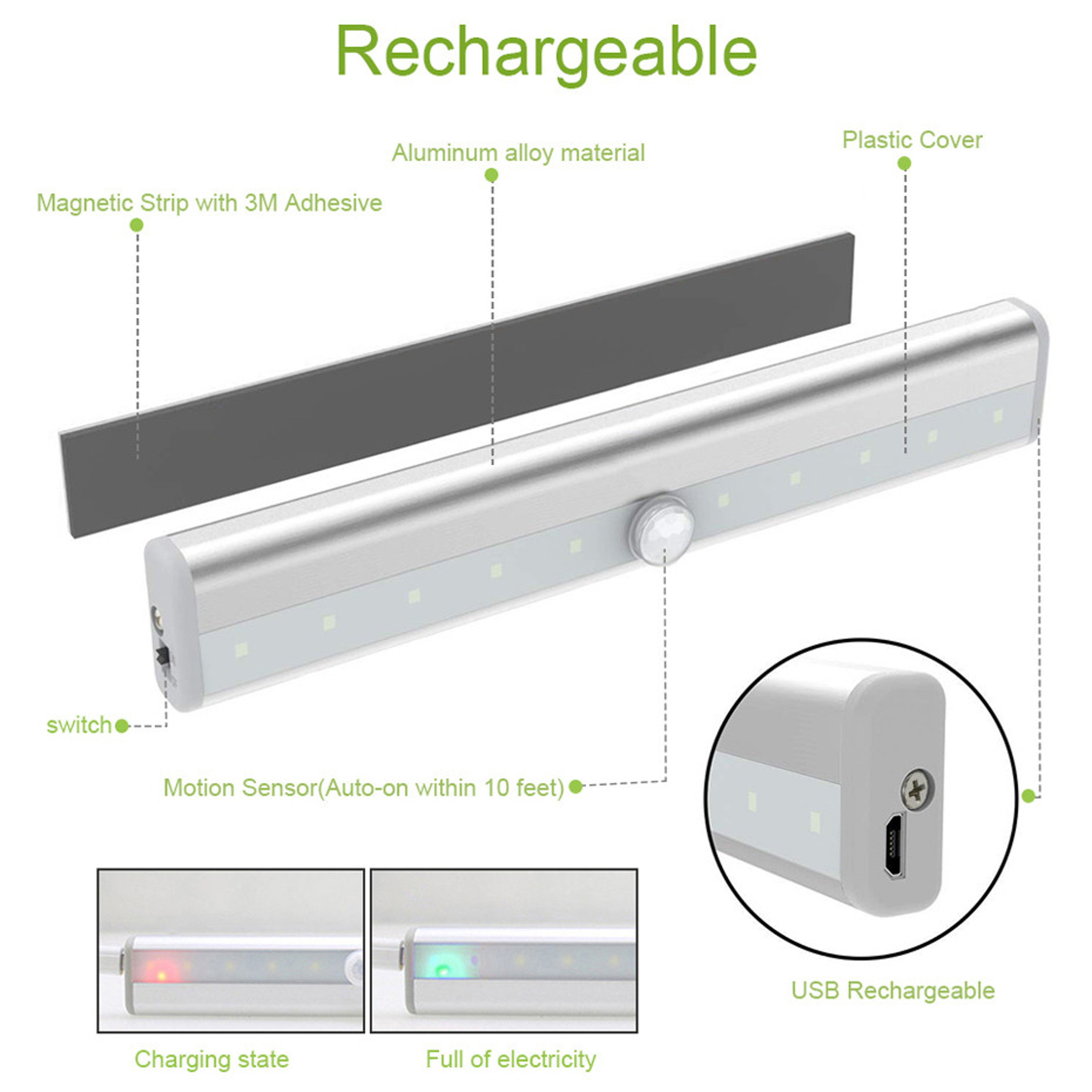 10 LED Motion Sensor Night Light USB Rechargeable Magnetic Closet Light For Wardrobe Cabinet Hallwa 1