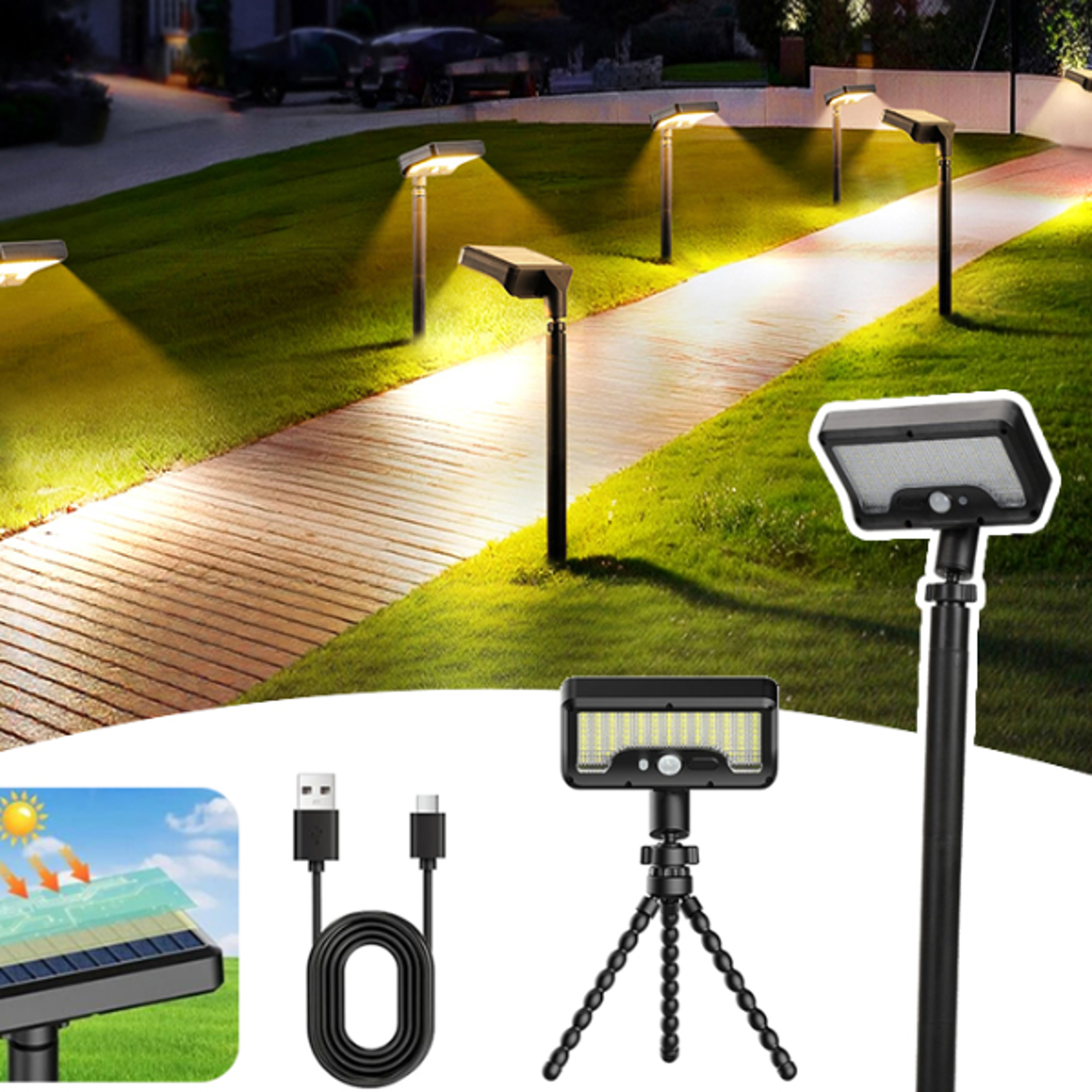 Solar Pathway Lights 92 LEDs Motion Sensor Garden Light TypeC Rechargeable Adjustable Angle for Wa