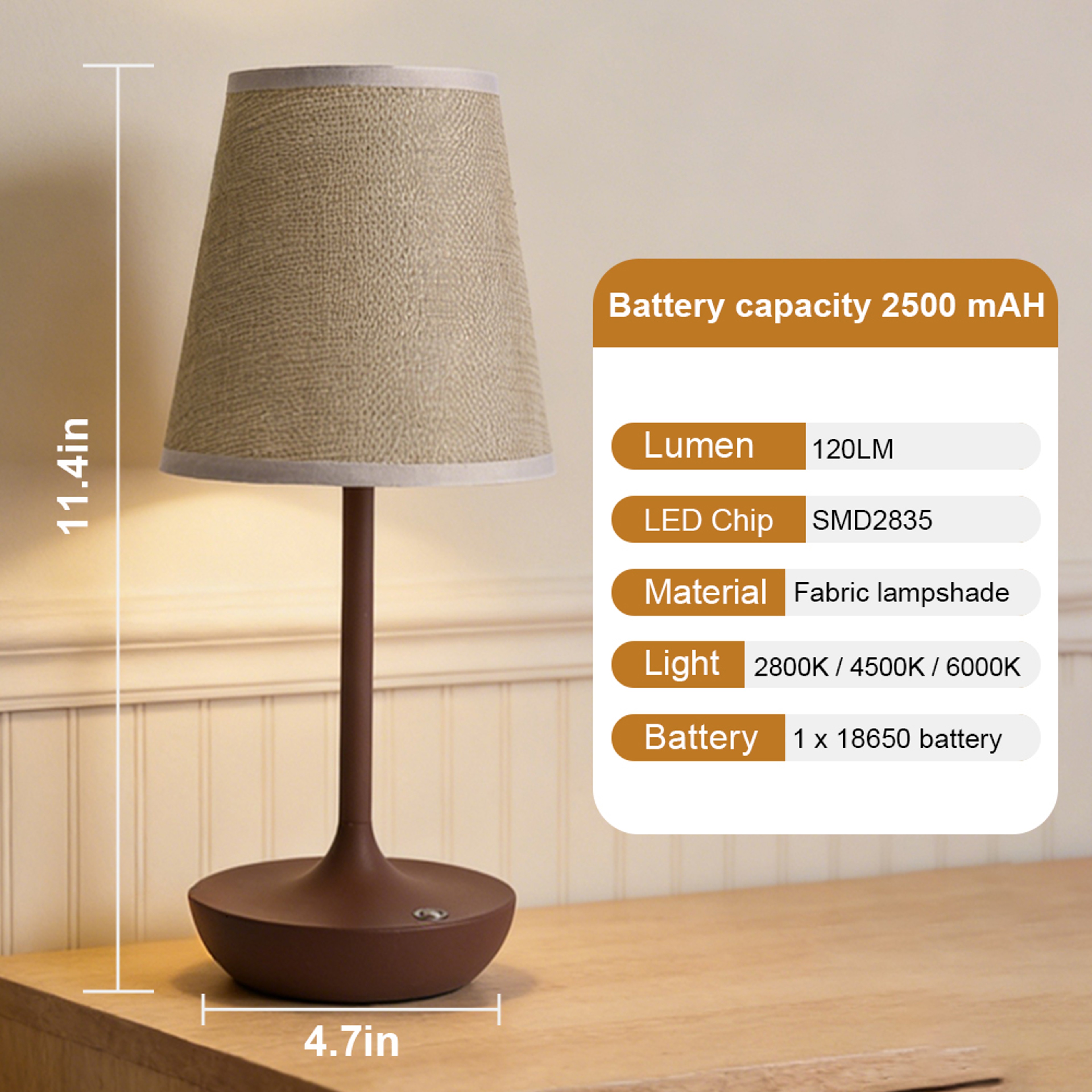 Classic Rechargeable LED Table Lamp USB Dimmable Bedside Lamp With Fabric Shade 5