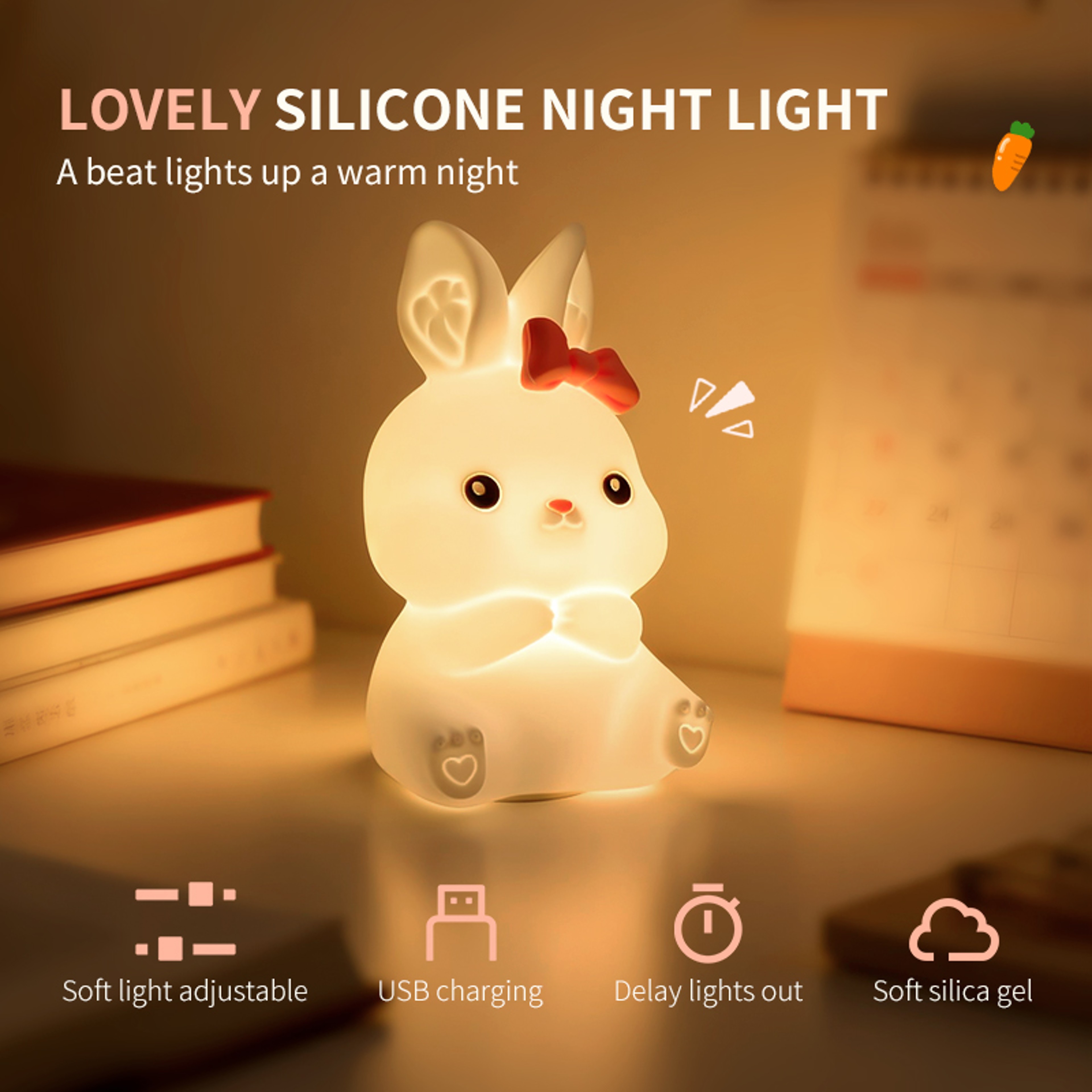Cute Rabbit Night Light Touch Control Bedside Lamp With Timer Portable Battery Powered 1
