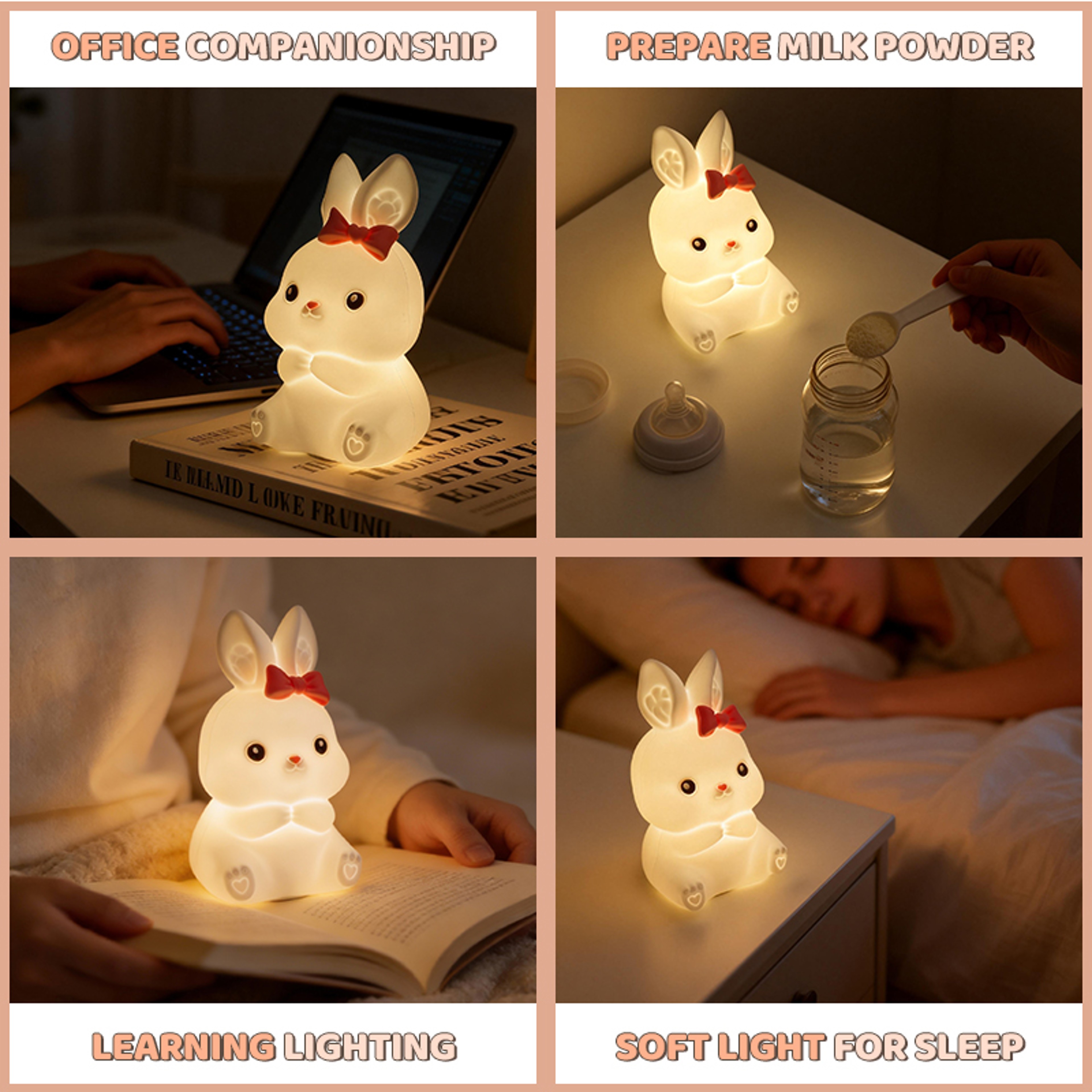 Cute Rabbit Night Light Touch Control Bedside Lamp With Timer Portable Battery Powered 4