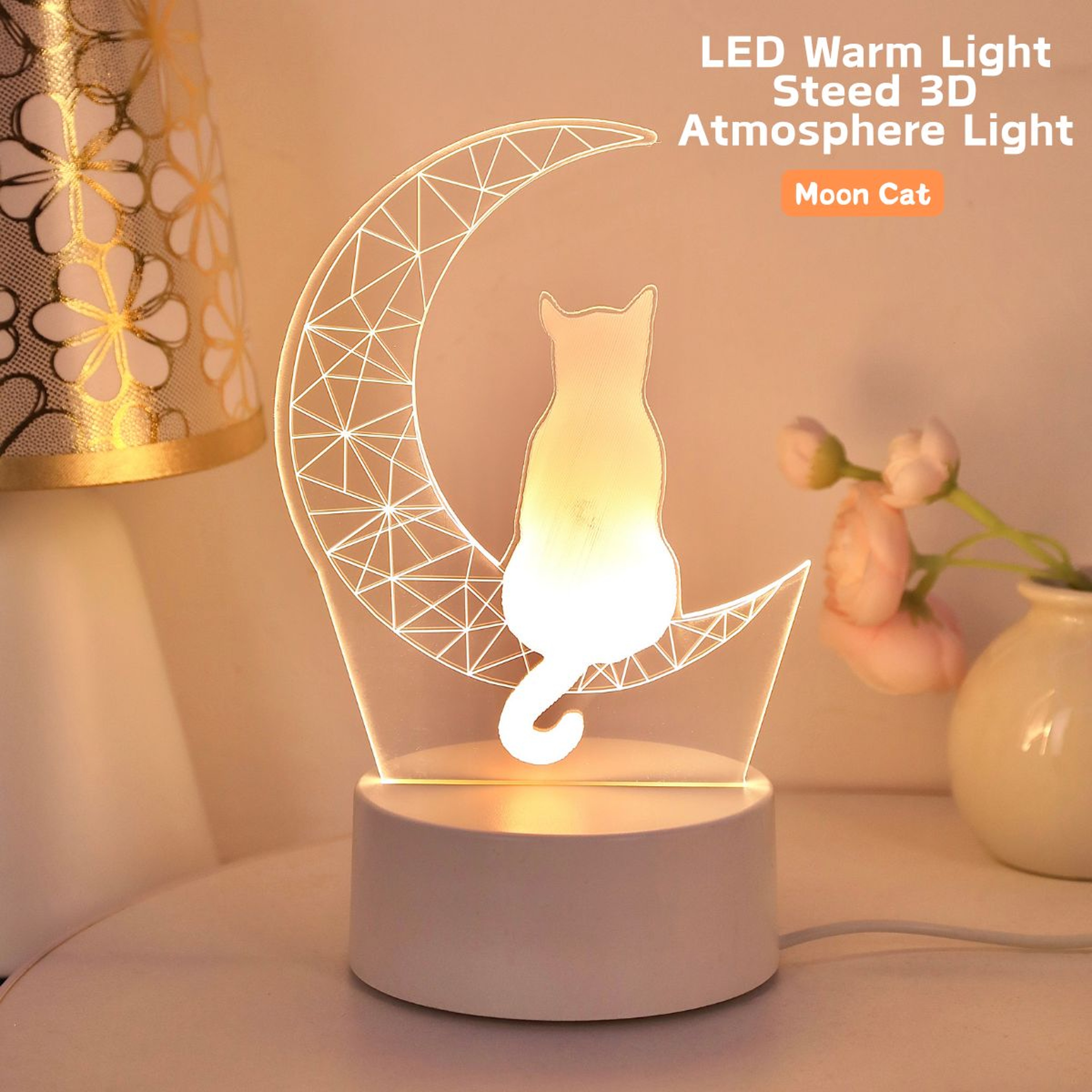 Moon Cat 3D Night Light USB Desk Lamp For Bedroom Ambient Decor 1