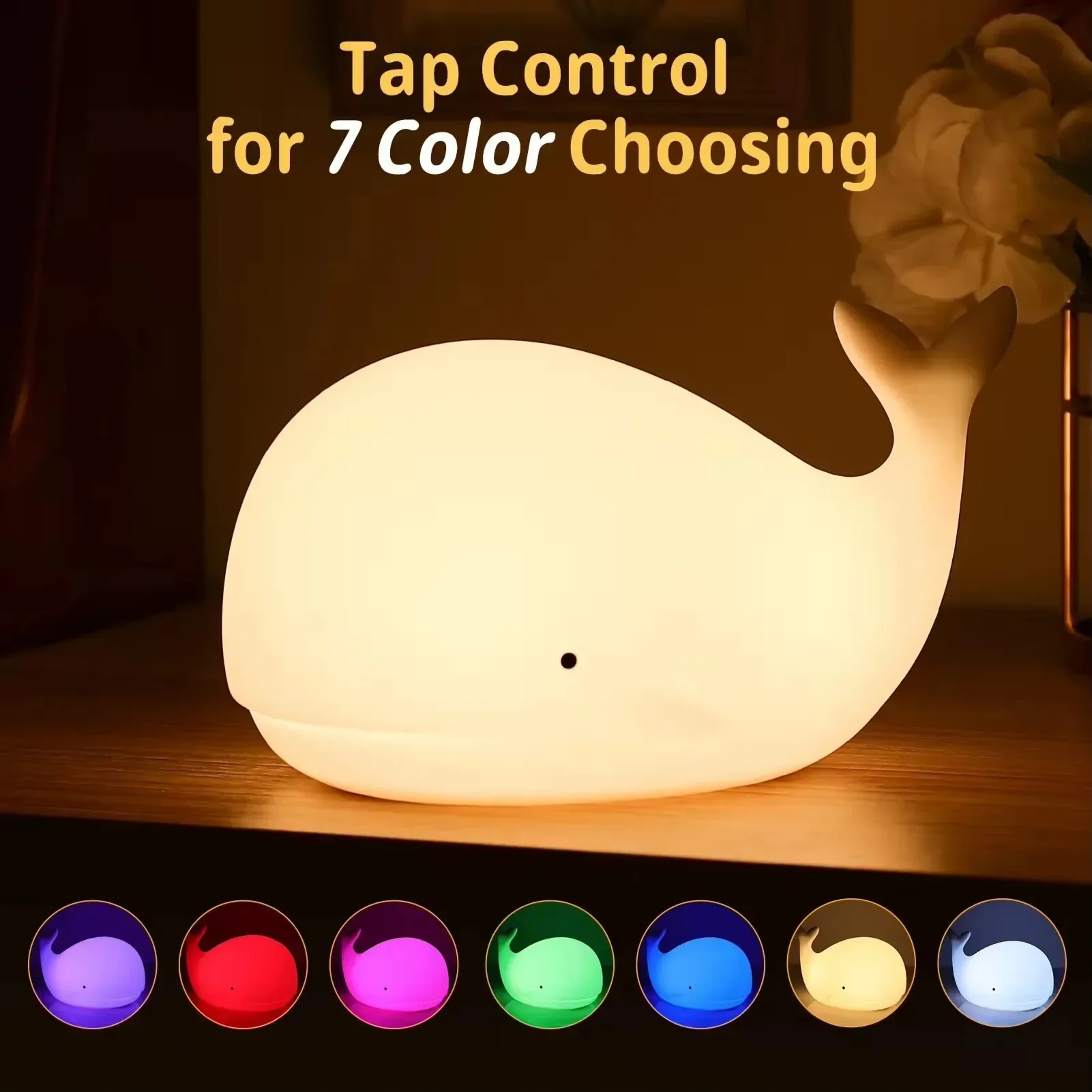 Cute Whale Night Light Rechargeable Silicone LED Kids Bedside Lamp With 7 Color Touch Light 4