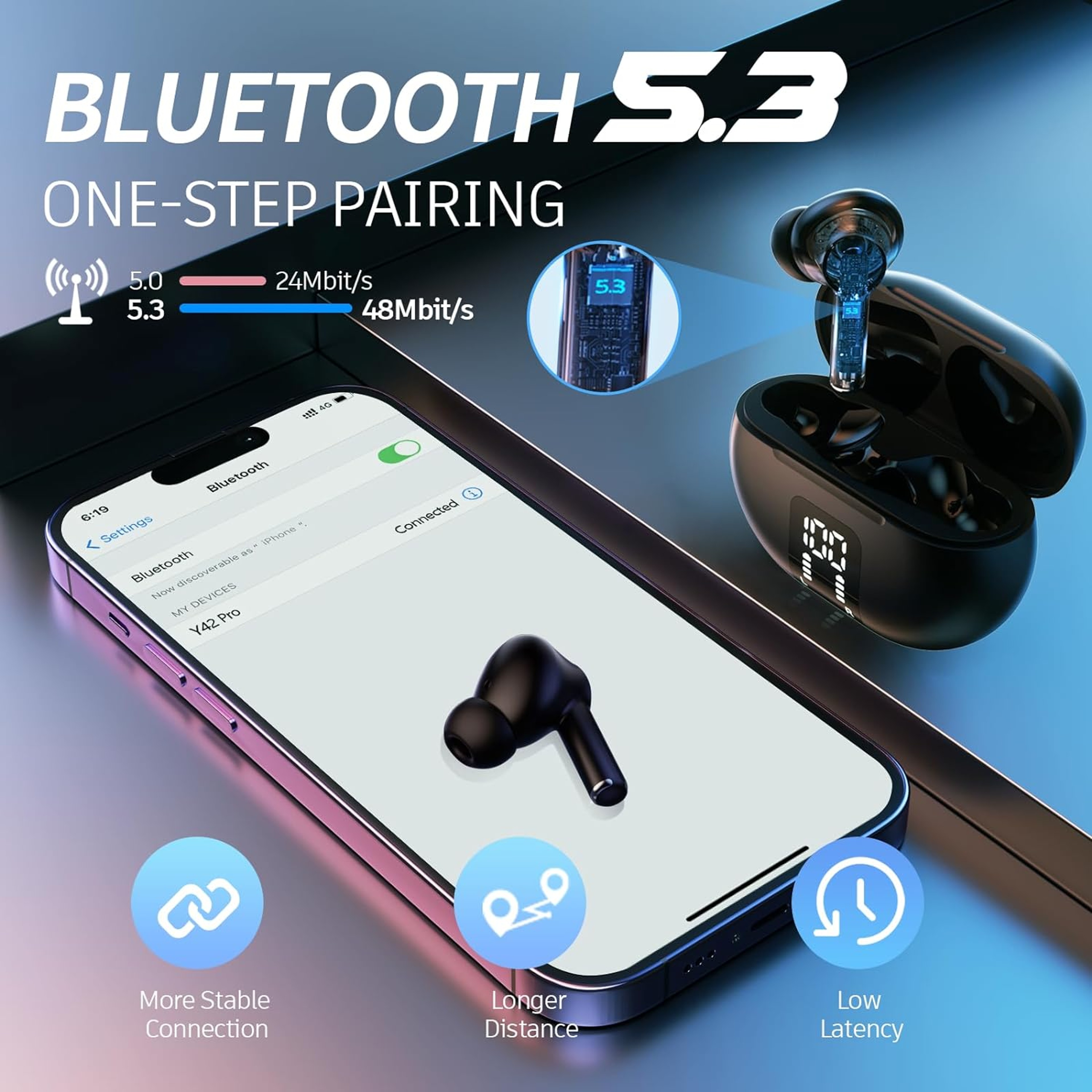 Bluetooth 5.3 Wireless Earbuds with LED Display, Noise Cancelling & 60H Playtime – view 3